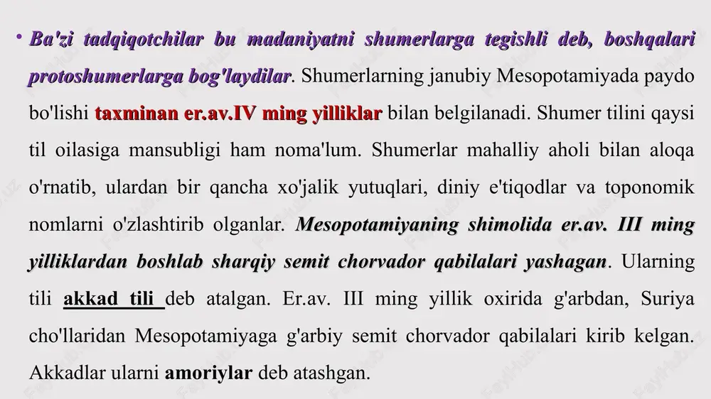 ming yillikka oid qadimgi arrapxadan topilgan 4000 loy taxtacha; er. av. xii—xi asrlarga oid ashshur shahri arxivi, er. av. i ming yillika oid nippur, bobil, borsippa, ur va uruk shaharlari kesishmalarida topilgan arxivlar, ayniqsa, nippurda «murashu uyi»dan topilgan. er av. v asrga oid 700 hujjat diqqatga sazovordir. huquqiy hujjatlardan bizgacha yetib kelgan yodgorliklarning ko'pchiligi mesopotamiyadan topilgan. ulardan eng qadimgisi podsho shul'ga qonunlari, (er. av. ill ming yillikning oxiri), er.av. xx asrga oid eshnunna qonunlari, undan kirish va 59 modda saqlanib qolgan; er.av. ii ming yillik boshlariga tegishli larsa va issin qonunlari parchalari, lipit-ishtar nomli hukmdorning kirish, xulosaning bir qismi va 40 ga yaqin qonun moddalari bizgacha yetib kelgan. eng katta qonunlar to'plami 247-moddadan iborat asosiy qism, xulosadan iborat hammurapi qonunlaridir. er.av. ii ming yillik o'rtalariga oid osuriyaning yoki o'rta osuriya qonunlari, yangi bobil podsholigiga oid 20 ga yaqin qonun moddalari bizgacha yetib kelgan. diplomatik hujjatlar eng qadimgi diplomatik hujjatlardan ikki …