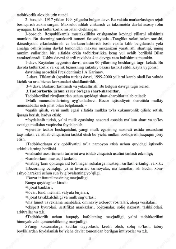 ga zid. masalan, hazrati muhammad (s.a.v.) odamlarga “halol yo’l bilan nafaqa topinglar” deb marhamat qilganlar. shu sababli «halol top» degan qoida tadbirkorlikka ham xos bo’lgan. o’zbekiston qonunlariga ko’ra tovar ishlab chiqaruvchilar iste`molchilarning tovar sifatiga bo’lgan talabini qondirishi, tovar sifatini kafolatlashi shart. davlat shu qonunlar ijrosini nazorat qiladi. «davlat iste`molchilarning tovar (ish, xizmat) sotib olish va undan foydalanish chog’idagi huquqlari hamda qonun bilan qo’riqlanadigan manfaatlari himoya qilinishini kafolatlaydi». 10. nufo’z (imij)ga ega bo’lish. nufo’z halq orasida, tadbirkorlar doirasida obro’-etiborli bo’lishni bildiradi. tadbirkor o’z sha`nini avaylashi, firma nomini e`zozlab, unga dog’ tushirmasligi, yaxshi nom chiqarishi shart. 11. tadbirkorlikda o’z-o’zini boshqarish tartibi bor. davlat firma ishiga aralashmaydi, balki iqtisodiy siyosati bilan tadbirkorlarga ko’maklashadi, qonunlar orqali tadbirkorlik uchun sharoit yaratadi. masalan, o’zbekiston respublikasining qonunlariga ko’ra davlat tadbirkorlikni qo’llab-quvvatlaydi, tadbirkorlar mulkinipg daxlsizligiii ta`minlaydi. tayanch iboralar. biznes tushunchasi. tadbirkorlik sub`ekti. tadbirkorlik ob`ekti. tavakkalchilik. mulk shakllari. istemolchining tanlov erkinligi. mulkchilik munosabatlari. nazorat uchun savollar: 1.tadbirkorlik tushunchasiga ta`rif? …