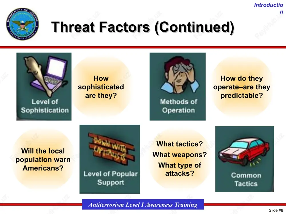 e #‹#› antiterrorism level i awareness training 12 u.s. military organizations use a system of protective measures to reduce vulnerability to terrorist attack. these measures change as the threat of attack changes. the measures are called “force protection conditions.” regional commanders announce the force protection condition for units under their command. local commanders may increase the force protection condition based on local factors and may apply additional protection measures to reduce the risk of attack. these force protection conditions should not be confused with the defense intelligence agency terrorist threat levels. they are not the same thing. force protection conditions are increased to provide added safety and security when threat levels increase. fpcon normal when there is a general global threat of possible terrorist activity, but it warrants only a routine security posture a terrorist attack is always possible best information available offers no indication of probable attack expect to …