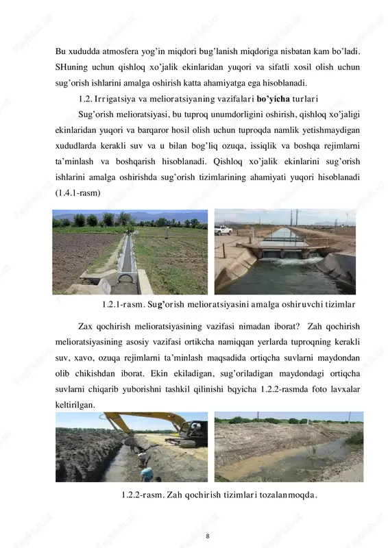 ik ekinlardan yuqori hosil olish uchun tuprokdagi ortiqcha tuzlarni chiqarib tashlab, kerakli suv, tuz, ozuqa va issiqlik rejimini ta’minlashdan iborat hisoblandi (1.2.3-rasm). 1.2.3-rasm. ekin ekiladigan maydon xolati va chuchuklashtirish melioratsiyasining qo’llanilishi. eroziyaga qarshi melioratsiya, bu suv xo’jalik, agrotexnik va o’rmonchilik kompleks tadbirlari asosida suv va shamolning tuproqqa zararli mexanik ta’sirlarini bartaraf etishdan iborat (1.2.4-rasm). 1.2.4-rasm. tuproqning eroziyaga uchrash xolati va uning oldini olinishi 10 1.3. irrigatsiya va melioratsiyani amalga oshirish bo’yicha turlari gidrotexnik, agrotexnik, o’rmon-texnik, kimyoviy va madaniy-texnik melioratsiya. gidrotexnik melioratsiya. bunda maxsus qurilgan injenerlik inshootlar to’g’on, kanal, suv olgich, va boshqalar yordamida tuproqqa o’simlik uchun kerak bo’lgan suv yetkazib beriladi. bunday tadbirlarga sug’orish, zahini qochirish, tuz rejimini yaxshilash va xar qanday yemirilish va yuvilishlarning oldini olish, selga qarshi inshootlar qurish kabi jarayonlar kiradi (1.3.1-rasm). 1.3.1-rasm. gidrotexnik inshootlarning joylashuvi. agrotexnik melioratsiya. agrotexnik tadbirlar yordamida o’simliklarning o’sib rivojlanishi va yuqori hosil berishi uchun maqbul sharoitlar yaratishdir. bunda biologik faktorlarga ta’sir qilib …
