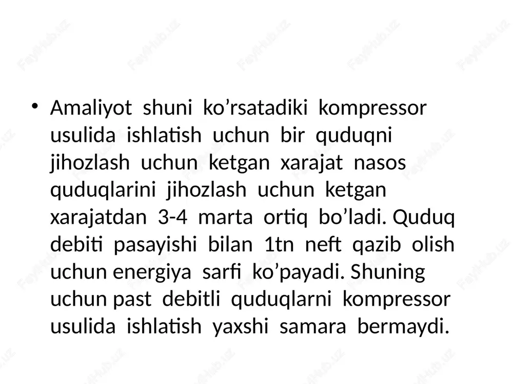 uzatiladi . 5) keyin gazlift shleyflarda . 6) ishlatilayotgan neft quduqi . 7) quduqdan gazneft aralashmasi senparator orqali o’tadi . 8) suyuq gaz separatorlardan yomkistga kelib tushadi . 4.8. gazlift usulida yuzaga keladigan asoratlar va ularni bartaraflash gazlif usulida ishlayotgan quduqlar bir necha omillar ta’sirida ekspluatatsiya buziladi yani: 1) quvur ko’targichlar tubida va halqali qismda qum tiqinlarning hosil bo’lishi 2) tashlama quvurlarda va quvur ko’targilarda yerda tuz va parafin yotqiziqlarining hosil bo’lishi 3) bir qatorli va ikki qatorli ko’targachlarning halqali qismida salniklarning hosilbo’lishi (tuz tiqini). 4) tashlama quvurlarning qisilishi . 5) neft emulsiyalarni hosil bo’lishi qum tiqiniga qarshi choralar: quduqlarni ishlatish davrida suyuqlik bilan birgalikda quvurga qum ham kiradi . qumni tepaga ob chiqishni omalga oshirib bo’lmasa qum kirgan sayin quvur tubiga tinaveradi natijada qum tiqini hosil bo’ladi bu tiqin filtrni yopadi va suyuqlik va suyuqlik harakati to’htaydi . ayrim hollarda qum tiqinlari quvur ko’targichlarda (ikki qatorli) bo’ladi va halqali …