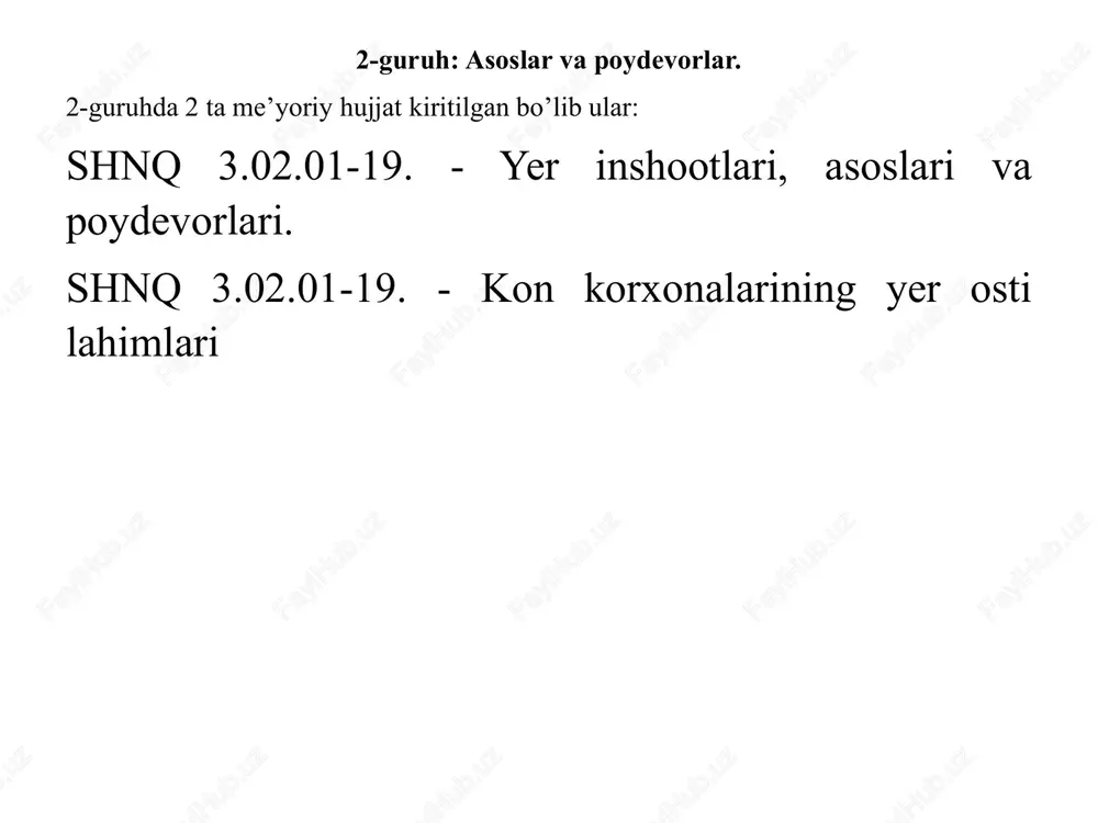 rshi choralari yanada oshiriladi. mazkur bo'limning yangi kiritilayotgan 2.20 bandida buyuk britaniya british standard [bs] qurilish standartlariga asoslangan xolda, maxsus xavfsizlik belgilariga rioya etilishi belgilandi. bunga asosan xar bir qurilish ob'ektlarida jaxon talablariga mos qurilishda ishlatiladigan maxsus xavfsizlik belgilaridan foydalaniladi va ularga rioya etiladi. natijada qurilish maydonlarida xavfsizlikka bo'lgan chora tadbirlar nazorat ostiga olinadi. 2. qurilish maydonlari, ish uchastkalari va ish joylarini tashkil etish mavjud bo'limning 2.26 bandida milliy davlat standartlari gost 12.089-86 va gost 12.4.107-82 o'z kuchlarini yo'qotganligi sababli, qurilishda ishlatiladigan maxsus kamarlardan foydalanishda, gost 12.4.107-2012 va mos milliy davlat standartlarga amal qilinishi belgilandi. mazkur bandga rioya etilsa, balandlikda ishlaydigan ishchilarning xavfsizlik talablari yanada oshadi. 2.13; 2.20 va 2.26 bandlarni yaratishdan maqsad: 2.20 bandiga asosan 2.13 bandiga asosan 2.26 bandiga asosan shnk 3.01.02 – 220 «qurilishda xavfsizlik texnikasi» 2. qurilish maydonlari, ish uchastkalari va ish joylarini tashkil etish 2.56. qurilmalarni buzishda qo'llanadigan mashina va mexanizmlarni konstruktsiyalar qulash zonasidan tashqariga …