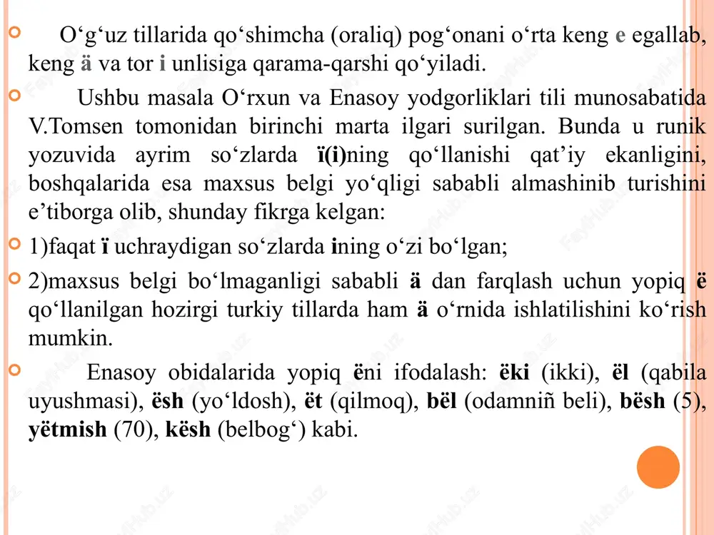 tish~dish (tish), qirg‘.(dial.). putak~butak (butoq), qoz.dial. pal~bal (asal), no‘g‘.dial. pishak~bishaq (pichoq), o‘zb.dial. pütün~bütün (butun) va hokazo. orqa tanglay sirgaluvchi jarangli spirant g‘ turkiy bobotilda so‘z boshida uchramaydi. spirant g‘ning intervokal holatdagi artikulyatsiyasi kuchsiz va turg‘un emas. u atrofdagi unlilar ta’sirida assimilyatsiya qilinishi natijasida oraliq keng ochilib, ko‘pincha, lablangan w, ba’zan esa vga aylanadi. intervokal holatda g‘,w va v yo‘qolishi mumkin. natijada boshqa unlilarda tortilish va cho‘ziqlik sodir bo‘ladi. intervokal g‘ning tarixiy taraqqiyotini uni o‘rab turgan unllar bilan birgalikda qarash kerak bo‘ladi. turkiy tillardagi ag‘ï, ag‘a, ag‘u, og‘a, og‘u, ug‘u, ïg‘ï kabi so‘zlarda g‘ ikki unli orasida saqlangan: ag‘ïr (og‘ir): ozarb., turkm. ag‘ïr, uyg‘. ag‘r, o‘zb. og‘r; ag‘ïz (og‘iz): q.tur., ozarb., turkm., ag‘ïz, uyg‘. ag‘z, o‘zb. og‘z; ag‘ïl (og‘il): turkm. (otxonadagi yoki molxonadagi har bir alohida bo‘lma, katak, og‘il), o‘zb. og‘l (og‘il), uyg‘. eg‘l; bag‘ïr (bag‘ir): turkm., ozarb. bag‘ïr, uyg‘. beg‘ir (ko‘krak); yag‘u (yag‘i, dushman): turkm., ozarb. yag‘ï, o‘zb. yog‘u (isyonchi), …