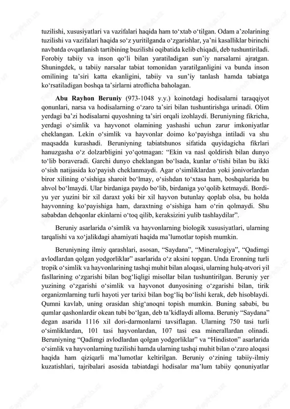 ng oldiga quyidagi talablar qo‘yiladi: 1. tabiat haqida to‘liq tushunchaga ega bo‘lish. 2. o‘simliklar, hayvonlar, hasharotlar, qushlar, baliqlarhaqida umumiy ma’lumotga ega bo‘lish. 3. o‘simlik, hayvonlar, hasharotlar, qushlar va baliqlarniparvarish qilish, oziqlantira olishni bilish. 4. bolalar yoshiga mos jonzotlarni tanlay bilish. 5. jonzotlar bilan ehtiyotkorlik bilan munosabatda bo‘lishva bolalarga to‘g‘ri o‘rgata olish. 1.3. sharq olimlarining tabiat, uning inson hayotidagi o‘rni haqidagi qarashlari. o‘rta asrlarda o‘rta osiyoda yashab ijod etgan olimlardan muhammad muso al-xorazmiy, abu nasr forobiy, abu rayhon beruniy, abu ali ibn sino, al-farg‘oniy va boshqalar tabiatshunoslik fanining rivojlanishiga katta hissa qo‘shganlar. ular hali ekologiya fani dunyoga kelmagan davrda tabiat va undagi muvozanat, o‘simlik va hayvonot dunyosi, tabiatni e’zozlash haqida qimmatli fikrlar aytganlar. buyuk alloma muhammad ibn muso al-xorazmiy (783-850) risolalaridan birida bunday deb yozadi: “bilingki, daryoning ko‘zlari yoshlansa, uning boshiga g‘am, kulfat tushgan bo‘ladi. odamlar, daryodan mehringizni darig‘ tutmanglar!” daryoning “yoshli ko‘zlari” deganda muhammad muso al-xorazmiy nimalarni ko‘zda tutgan ekan? …