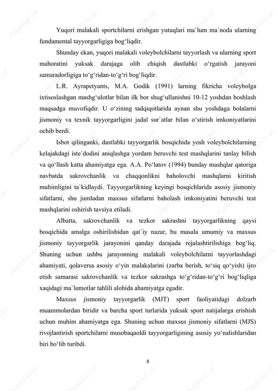 vertikal sakrash, bir oyoq bilan depsinib vertikal yoki uzunlikka sakrash, ikki oyoq bilan depsinib uzunlikka sakrash va hokazo. har bir sakrash turining o‘ziga hos maqsadi va maqsadga mos ijro etish tartibi (texnikasi) bo‘ladi. voleybol, basketbol, futbol va boshqa sport o‘yinlari bilan shug‘ullanuvchi sportchilarning tezkor sakrovchanligi bir-biridan farq qiladi. ta`kidlash lozimki, hatto bir sport o‘yinida, masalan voleybolda – zarba yoki to‘siq ko‘yish, to‘p kiritish yoki uzatish uchun ijro etiladigan tezkor sakrashlar mohiyati haqiqatdan bir-biriga sira o‘xshamaydi. boz ustiga yana shuni eslatish o‘rinliki, faqat bir o‘yin malakasi – zarba berish turiga qarab (qisqa yoki baland to‘pdan zarba berish) tezkor sakrash xususiyati umuman boshqacha bo‘ladi. binobarin, sakrovchanlik va tezkor sakrash degan tushuncha ko‘p qamrovli mazmun, mohiyat, xususiyat va ma`noni anglatadi. demak, bu sifatlarni rivojlantirish" haqida gap borganda muayyan tezkor sakrash turi va uni o‘ziga munosib mashqlariga alohida e`tibor berilishi o‘ta muhim masaladir. so‘nggi o‘yinlarda voleybol musobaqasi qoidalarining tubdan o‘zgarishi o‘yin faoliyati va o‘yin …