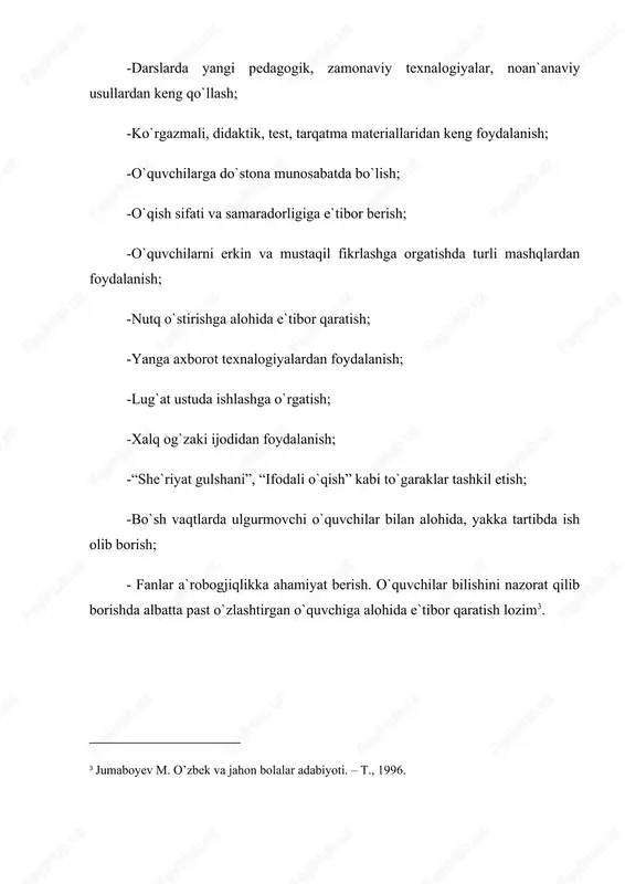 onidan amalga oshirilgan ishlar, tarixiy sanalar to’g’risida muayyan tasavvur beradi. tabiatga oid mavzular yordamida o’quvchilar tabiatdagi o’zgarishlar, yil fasllarining almashinuvi, hayvonot olamiga doir bilimlarni egallaydilar. bunday mavzudagi asarlar o’quvchilarni kuzatuvchanlikka, tabiatni sevishga, unga nisbatan to’g’ri munosabatda bo’lishga o’rgatadi. umuman, «o’qish kitobi» darsliklaridagi barcha mavzular o’quvchilarga ta’lim-tarbiya berish bilan birga, ularning lug’atini boyitishga, og’zaki va yozma nutqini to’g’ri shakllantirish va nutq madaniyatini o’stirishga ham qaratiladi. amaldagi «o’qish kitobi» darsliklarida materiallarning sinfdan sinfga o’tgan sari mavzu jihatidan ham, mazmun jihatidan ham kengaya borishi hisobga olingan. masalan, 1-sinfda o’rgatiladigan «ajdodlarimiz-faxrimiz», «ilm-aql chirog’i», «zumrad bahor», «kumush qish» kabi mavzular 2-4-sinflarda ham davom ettirilgan. bu esa o’quvchilarning oldingi bilimlari to’ldiradi va boyitadi[footnoteref:4]. darsliklardagi har bir mavzu uchun tanlangan matnlarning janriy rang-barangligiga, poetik mukammalligiga, o’quvchilarning bilim darajasi va yosh xususiyatlariga mos kelishiga alohida e’tibor qaratiladi. [4: jumaboyev m. kichkintoylarning katta adabiyoti. – t., 2002. ] o’quvchilar darsliklar yordamida o’zlashtiriladigan bilim, ko’nikma va malakalarining kelajak hayotda zarur …