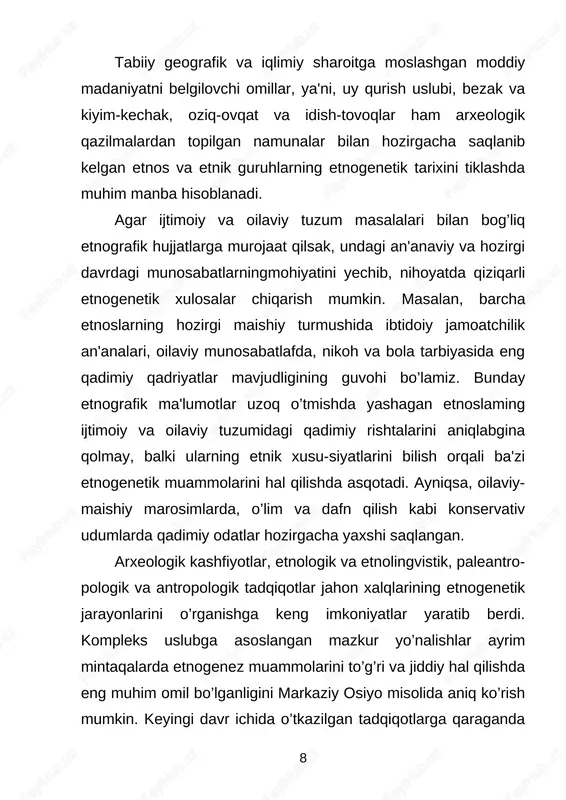 ol buyumlar, go’zal haykallar, tilla-kumush, qimmatbaho duru javohirlardan ishlangan zargarlik buyumlari bunga yorqin dalildir. shunisi qiziqki, sak va skif-sarmat tepaliklarida topilgan buyumlar, ot-arava, tuya, qo’chqor, ilon va boshqa afsonaviy maxluqlar tasvirlangan rasm va haykallar o’tgan asrning oxirlarida janubiy tojikistonda kashf etilgan mashhur «amudaryo xazinasi» deb nomlangan buyum va bezaklarga, keyingi ahmoniy, makedoniyalik iskandar va kushon davlati davriga oid topilmalarga o’xshab ketadi. janubiy qozog’iston tog’ bag’irlarida va o’zbekistonning ko’p hududlarida qoyatoshlarga o’yib chizilgan ib-tidoiy rasmlarda ham ot-tuya qo’shilgan aravalar, har xil hayvonlar - tuya, tog’ echkisi, qo’chqor va boshqa g’alati maxluqlarning tas-virlanishi uzoq o’tmishda markaziy osiyoliklarning ma'naviy madaniyati bilan yevroosiyo dashtlarida yashagan qabilalar madaniyatida qandaydir umumiylik, yaqinlik mavjudligidan dalolat beradi. turkmaniston, o’zbekiston va tojikistonning janubiy tumanlarida topilgan jayhun madaniyati, qoratepa, oltintepa, ayritom, dalvarzintepa, fayoztepa, xalchayon, 13 nomozgohtepa, yalong’ochtepa, yaqinda topilgan axsikent va boshqa yodgorliklar-da qilingan ajoyib kashfiyotlar ham bu fikrni tasdiqlaydi. qazilmalarda topilgan buyum va bezaklarda ko’p uchraydigan afsonaviy tasvirlar, ayrim …