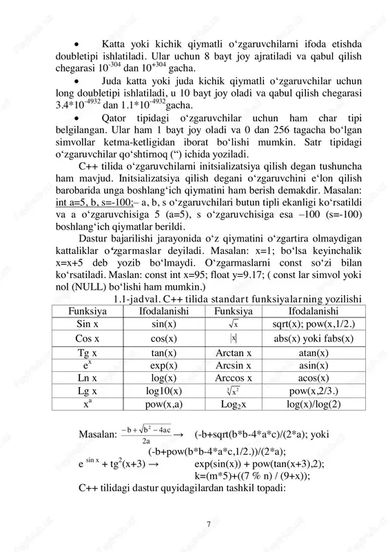 asalan: int uzg=324; cout > ; bu yerda qiymat qabul qiluvchi oʻzgaruvchining nomi. misol: 13 int yosh; cout >yosh; butuntipidagiyoshoʻzgaruvchisikiritilganqiymatnioʻzlashtiradi. kiritilgan qiymatni oʻzgaruvchi tipiga mos kelishini tekshirish masʻuliyati dastur tuzuvchisining zimmasiga yuklanadi. bir paytning oʻzida probel vositasida bir nechta va har xil tipdagi qiymatlarni oqimdan kiritish mumkin. qiymat kiritish tugmasini bosish bilan tugaydi. agar kiritilgan qiymatlar soni oʻzgaruvchilar sonidan koʻp boʻlsa, «ortiqcha» qiymatlar bufer xotirada saqlanib qoladi. #include int main(){ int x,y; float z; cin>>x>>y>>z; cout harakati amalga oshiriladi. shuni qayd etish kerakki, oqimga qiymat kiritishda probel ajratuvchi hisoblanadi. haqiqiy sonning butun va kasr qismlari ʻ.ʻ belgisi bilan ajratiladi. s++ tilida leksemalar.s++ tili alfaviti va leksemalariga quyidagilar kiradi: alfavit belgilaridan tilning leksemalari shakllantiriladi: identifikatorlar; kalit (xizmatchi yoki zahiralangan) soʻzlar; oʻzgarmaslar;amallar belgilanishlari; ajratuvchilar. identifikatorlar va kalit soʻzlar. dasturlash tilining muhim asosiy tushunchalaridan biri - identifikator tushunchasidir.identifikator deganda katta va kichik lotin harflari, raqamlar va tag chiziq (ʻ_ʻ) belgilaridan tashkil topgan va …