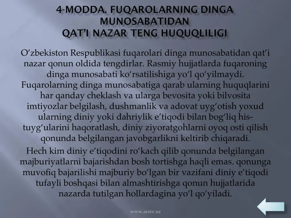yriya inshootlari, pul mablag‘lari va boshqa mol-mulklar ularning mulki bo‘lishi mumkin. diniy tashkilotlarning mulkiy huquqlari qonun bilan muhofaza qilinadi. www.arxiv.uz www.arxiv.uz diniy tashkilotlar o‘z ehtiyojlari uchun lavlat organlari tomonidan shartnoma asosida beriladigan binolar va mol-mulkdan foydalanishga haqlidir. tarixiy va madaniy yodgorliklar ob’ektlari va buyumlarini diniy tashkilotlarga foydalanish uchun berish qonun hujjatlariga muvofiq amalga oshiriladi. diniy tashkilotlar uchun yer ajratish hamda ibodat binolari qurish tegishli ravishda qoraqalpog‘iston respublikasi vazirlar kengashi, viloyatlar va toshkent shahar hokimliklari, shuningdek o’zbekiston respublikasi vazirlar mahkamasining ruxsati bilan belgilangan tartibda amalga oshiriladi. www.arxiv.uz www.arxiv.uz diniy tashkilotlarning markaziy boshqaruv organlari ustavdagi maqsadlaridan kelib chiqib, o’zbekiston respublikasi qonun hujjatlariga muvofiy, noshirlik, ishlab chiqarish, ta’mirlash-qurilish, qishloq xo‘jalik korxonalari va boshqa korxonalarni, shuningdek xayriya muassasalarini (etimxonalar, kasalxonalar) ta’sis etishga haqlidir. www.arxiv.uz www.arxiv.uz diniy tashkilotlarning faoliyati tugatilgandan keyin ularga foydalanib turish berilgan mol-mulk o‘z egalariga qaytariladi. diniy tashkilotlarning faoliyati tugatilgan taqdirda, ularga qarashli mol-mulkka egalik qilish ularning ustavi va qonun hujjatlariga muvofiq …