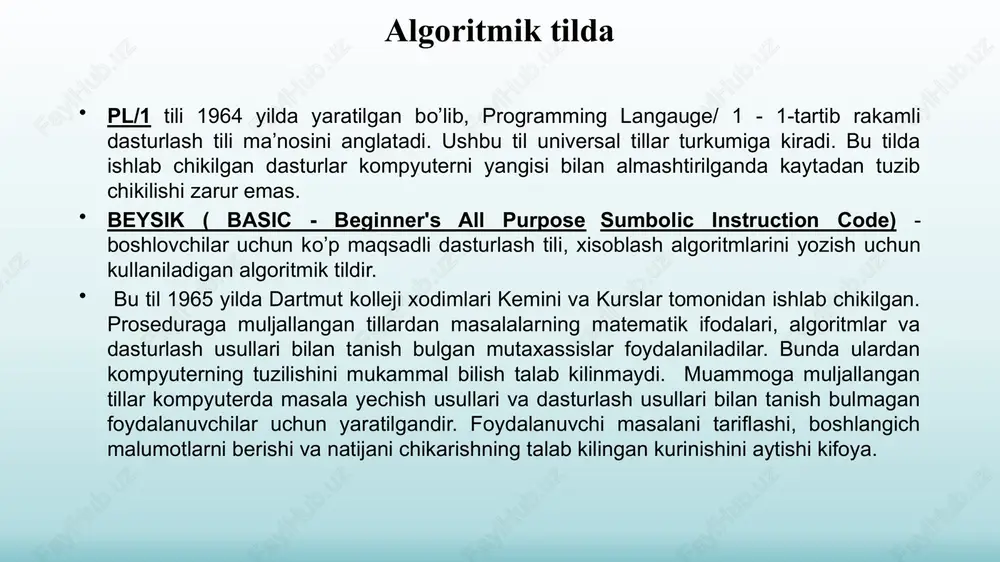 mumkin. bloklar raqami chiziqlar tasvirini uzgan holda blokning chap yuqori qismiga qo`yiladi. 1 2 3 ha agar blokning mazmunini ifoda etuvchi so`zlar blokka sig`masa, u holda «izohlar»dan foydalaniladi izohlar izohlar amaliyotda murakkab jarayonlarni dasturlashda ma'lum buyruqlar ketma-ketligini ma'lum shartlar asosida qayta-qayta bajarish zaruriyati tug’iladi. ma'lum bir o’zgaruvchining turli qiymatlarida ma'lum buyruqlar tizimining biron-bir qonuniyatga asosan qayta-qayta bajarilishi takrorlanuvchi hisoblash jarayoni - sikl deb ataladi. takrorlanuvchi (siklik) hisoblash jarayonlari takrorlanuvchi turdagi algo­ritmni yozish va chizish o’lchamlarini sezilarli darajada qisqar­tirish takrorlanadigan qismlarni ixcham ifodalash imkonini be­radi. s ha yo’q p hisoblash bosqichlarini ko’p marta qaytarishi mumkin bo’lgan hisoblash jarayonlari takrorlanuvchi deyiladi. 1. masalaning qo'yilishi va maqsadi 2. masalaning matematik ifodasi 3. masalani yechish uchun kerakli usulni aniqlash 4. masalani yechish algoritmini tuzish 5. algoritmga asosan uni dasturini tuzish 6. yuzaga kelgan xatoliklarni kiritish 7. natijalarni izohlash va tahlil qilish masalani kompyuterda ishlash bosqichlari masalaning qo’yilishi. turli xildagi masalalarni echishning dastlabki bosqichi bo’lib …