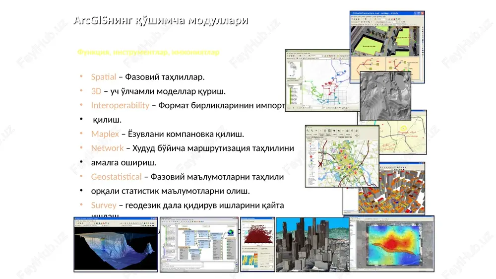 e disseminated and published to the common operating picture (cop) where it can be shared, communicated with other stakeholders for coordinated actions. koordinatalar tizimi ketma ketligi qo'yidagi tartibda amalga oshiriladi. tanlangan xududga tegishli zona belgilanadi va dalee tugmachasi ketma-ket ikki marta bosilgach finsh tugmasi orqani feature dataset darchasiga yakun yasaladi. xosil bo'lgan feature dataset ichiga kiriladi va yana bir bor sichqonchaning o'ng tugmasi bosilib feature class qatori tanlanadi. xosil bo'lgan new feature class ilovasi name bo'shlig'iga nomlanadigan ob'ekt nomi kiritilsa type bandidagi qatorlardan katlam turiga qarab katlam xili tanlanadi. masalan maydonli qatlamga polygon features, chiziqli qatlamga line features, nuqtali qatlamga point features va yozuvli qatlamga annotation features katorlari tanlanadi. gis provides the capability to rapidly acquire data of all types from disparate sources, integrate and analyze that data for visualization and decision support. this results in better decisions, greater efficiency and more effective communications so this slide represents how gis …