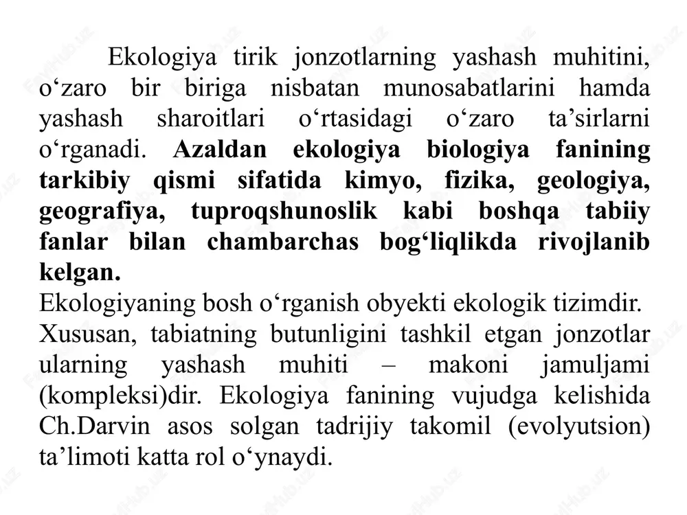 ig‘i” hisoblanib, tirik organizmlarning o‘zaro chambarchas aloqa, munosabatlaridan iborat murakkab ekotizimlar majmuyini tashkil etadi. biotsenoz – yashash sharoitlari ma’lum darajada bir xil bo‘lgan hududni egallagan o‘simlik, hayvon va mikroorganizmlar majmuyi. biogeotsenoz – tabiatning ma’lum xududdagi modda va energiya almashinuvida o‘zaro bog‘liq bo‘lgan jonli va jonsiz komponentlarning yagona tizimi. inson ekologiyasi fanning kompleks ekologik-ijtimoiy iqtisodiy sohasi bo‘lib, unda yashash muhiti tabiiy-ekologik, ijtimoiy, iqtisodiy sharoitlari insonning turli ehtiyojlarini qondirishda teng ahamiyatga ega bo‘lgan muhim qismlar sifatida ko‘rib chiqiladi va tadqiq etiladi. sinekologiya – ekotizimlar va uning muhiti. ekologiya – tirik organizmlarning tashqi muhit bilan o‘zaro aloqasini o‘rganuvchi fan. 1.3. ekologik iqtisodiyot va atrof-muhit ekologiya fani biologiyadan ajralgan holda mustaqil ravishda juda keng miqyosda rivojlanib borayotgan makroekologik fanga aylandi. uning tarkibida bir necha mustaqil bo‘limlar yoki ilmiy yo‘nalishlar mavjud. makroekologiyaning tuzilishida quyidagi asosiy bo‘limlarni ajratish mumkin: umumiy ekologiya, bioekologiya, geoekologiya, inson ekologiyasi, ijtimoiy ekologiya, tabiatdan foydalanishning ekologik iqtisodiyoti, amaliy ekologiya va hokazo. umumiy …