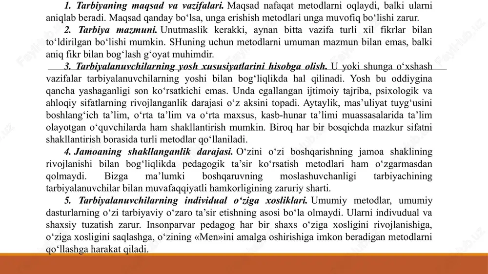 ng tashkilotchilik mahorati hamda uning oʻquvchi ongi, xulqiga ta’sir etadigan vositalar xususiyatlari, ahamiyatini koʻra olishiga bogʻliq. bir soʻz bilan aytganda bugungi oʻquvchi tarbiya natijasida ertagni komil inson, ya’ni jamiyatning barkamol a’zosiga aylanadi. buning uchun uning ongi va tafakkuri rivojlanib, ijobiy fazilatlarni oʻzida shakllantirib borishi lozim. xoʻsh, inson ongi va u borliqni, atrof-muhitni anglashi uchun qanday faoliyat darajasiga yetishi kerak? inson ongi – uning idroki, aql orqali hayotiy va dunyoviy haqiqatni fahmlash asosida ma’naviy istiqbolli faoliyat darajasidir. aql kishining oʻz idroki, qalbi va fikri asosida dunyoviy, hayotiy haqiqatlarni anglash va ularga oʻz faoliyatida ma’naviy-insoniy nuqtai nazardan amal qilishdir. uchinchi guruh metodlariga shunday metodlar kiradiki, bularda tarbiyalanuvchilardagi ijobiy xulq-atvorni ragʻbatlantirish, salbiy xislatlarni tuzatish yoki oldini olish, ularning his-tuygʻulari va maqsadlariga bevosita ta’sir koʻrsatishda foydalaniladi. ushbu guruhga ragʻbatlantirish va jazo berish kabi metodlar kiradi. 4. tarbiyada ibrat-numana koʻrsatishning tutgan oʻrni farzandlarimizning kelajakda komil inson boʻlib yetishishlarida oila va jamiyatda yaxshi tarbiya olishning oʻrni …