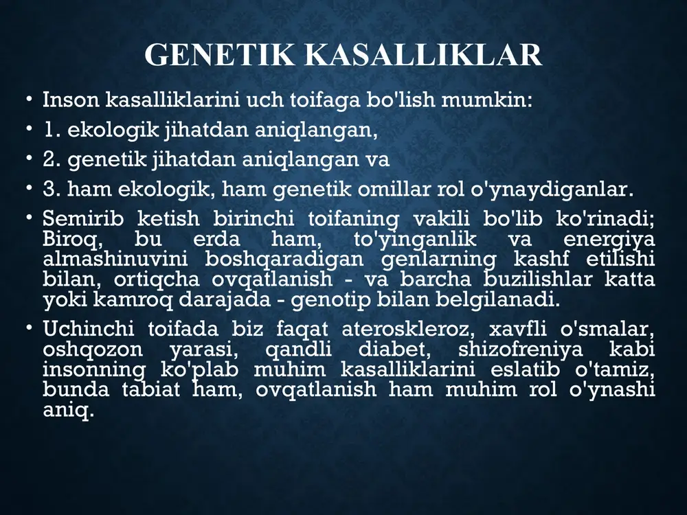 misolida keng tarqalgan yon ta'sirga ega. gemoglobinopatiyalar, o'roqsimon hujayrali anemiya, globin molekulasining tuzilishidagi nuqsonlar bilan tavsiflangan yagona ob'ekt, bu toifani eng yaxshi tasvirlaydi. gemoglobinopatiyalardan farqli o'laroq, talassemiya globin genlaridagi mutatsiyalar natijasida sintezlangan globin zanjirlari soniga ta'sir qiladi. b -globin zanjirining kamayishi bilan bog'liq . genetik nuqsonli strukturaviy oqsillarning boshqa misollariga kollagen, spektrin va distrofin kiradi, bu esa osteogenezning tugallanmaganligini, irsiy sferotsitozni va mushak distrofiyalarini keltirib chiqaradi. dorilarga genetik deterministik novo reaksiyalari ma'lum bir genetik jihatdan aniqlangan ferment etishmovchiligi faqat ta'sirlangan shaxsga ma'lum bir dori ta'siridan keyin aniqlanadi. farmakogenetika deb ataladigan genetikaning ushbu ixtisoslashgan sohasi muhim klinik ahamiyatga ega. nazardan dori shikastlanishining klassik namunasi glyukoza-6-fosfat dehidrogenaza fermenti ( g 6 pd ) etishmovchiligi bilan bog'liq bo'lgan inson sezuvchanligidir. oddiy sharoitlarda g 6 pd etishmovchiligi kasallikka olib kelmaydi, ammo buyurilganda, masalan, bezgakka qarshi preparat primaguidin , og'ir gemolitik anemiya rivojlanadi. strukturaviy oqsillardagi nuqsonlar bilan bog'liq buzilishlar marfan sindromi elers-danlos sindromlari biriktiruvchi to'qimalarga …
