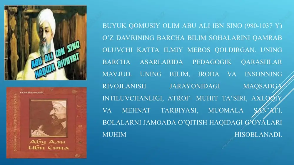 lab qilish jannatga yo‘l ochadi; - bilim faqatgina o‘qish orqali qo‘lga kiritiladi; - inson rahbar bo‘lishidan oldin bilimli bo‘lishi kerak; - ayollarni o‘qitishga ruxsat berilgan; muaffaqiyatga erishish uchun sabr ham talab qilinadi; - insonni farishta darajasiga ko‘taruvchi — bu xislatdir. undan mahrum bo‘lgan kishida asl sevgi bo‘lishi mumkin emas. ichkilikbozlik, fahsh, zino - buning hammasi irodasizlikdir. bunday insonlar atrofdagilarga, o‘z xalqiga zarar keltiradi; - chuqur fikr yuritish — insonning aqliy voyaga yetganlik alomatidir; - kim o‘z o‘tmishini yo‘qotsa — uning kelajagi yo‘qdir. qariyalarning hikmatlarini unutgan yosh avlod iymonni ham unutadi va shunda yovuzlik yaxshilik ustidan galaba qozonadi. nazorat uchun savollar: 1. hadislarda islom dinidagi eng muhim insoniy hu'quqlar sifatida nimalar kafolatlanadi? 2. islom dinmda inson ega bo‘lishi lozim bo‘lgan dunyoviy bilim haqida nimalar deyiladi? 3. islom dinidagi shaxs ijtimoiylashuviga oid qarashlarni izox1ang. 4. hadislarning ta’lim-tarbiyaviy ahamiyatini bayon eting. e`tiboringiz uchun raxmat !!!