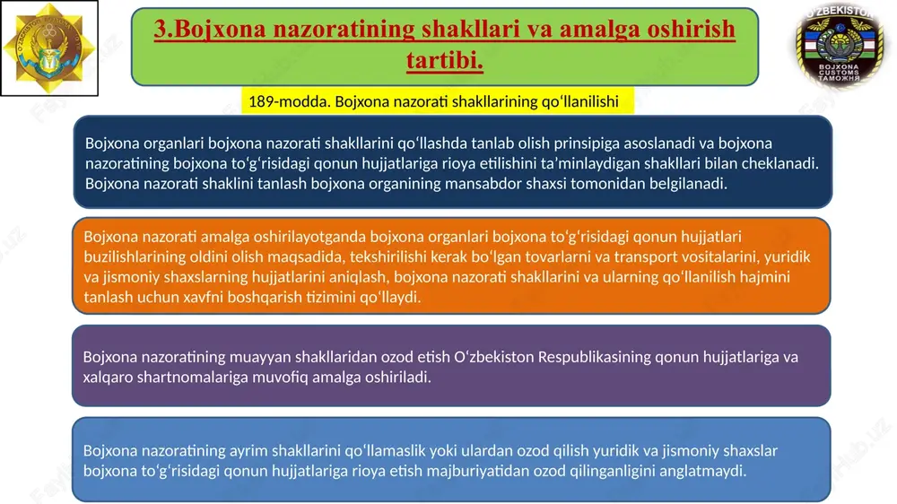 ri uchun zarur bo‘lgan hujjatlar; qonunchilikka zid bo‘lmagan boshqa bojxona identifikatsiyalash vositalari. bojxona kuzatuvi bojxona organlarining mansabdor shaxsi tomonidan bojxona nazorati ostidagi tovarlar va transport vositalarini vizual kuzatish, shu jumladan texnik vositalar qo‘llanilgan holda kuzatish bojxona kuzatuvi hisoblanadi. binolar va hududlarni tekshirish binolar va hududlarni tekshirish bojxona nazorati ostida bo‘lgan, shu jumladan shartli ravishda chiqarib yuborilgan tovarlarning va transport vositalarining bojxona omborlarida, boj olinmaydigan savdo do‘konlari binolarida, shuningdek bojxona tartib-taomillari va rejimlari shartlariga muvofiq tovarlar va transport vositalari turishi lozim bo‘lgan shaxslarda tovarlar va transport vositalari borligini tasdiqlash maqsadida bojxona organining mansabdor shaxsi tomonidan amalga oshiriladigan harakatdir. tovarlarni va transport vositalarini hisobga olish, hisobga olish tizimini tekshirish hamda ularni inventarizatsiya qilish bojxona chegarasidan olib o‘tilayotgan va (yoki) bojxona nazorati ostida bo‘lgan barcha tovarlar va transport vositalari bojxona organlari tomonidan hisobga olinishi kerak. tegishli bojxona rejimlari shartlariga rioya etilishi uchun mas’ul bo‘lgan yuridik va jismoniy shaxslar ushbu moddaning birinchi qismida ko‘rsatilgan …