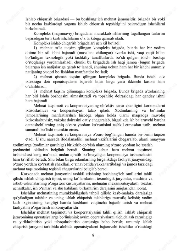 inadi. sanoatda boʻlgani kabi qishloq xoʻjaligida ham xususiy mehnat taqsimotining pirovard bosqichi ayrim ixtisoslashtirilgan korxona hisoblanadi. bu xildagi xususiy mehnat taqsimoti noishlab chiqarish sohasining har qanday tarmogʻida: xalq ta’limida, tibbiyotda, davlat boshqaruvi va hokazolarda mavjuddir. ishlab chiqarish va xizmat koʻrsatish korxonalarida mehnat taqsimotining har xil shakllari qoʻllaniladi. funksional mehnat taqsimoti operatsion mehnat taqsimoti bosqichli mehnat taqsimoti kasb-malaka taqsimoti korxonalarda mehnat taqsimoti 4-rasm.korxonalarida mehnat taqsimoti kasb malakali mehnat taqsimoti ishchining mutaxasisligi va bajarilayotgan ishining murakkabligini hisobga olib amalga oshirilida. bosqichli mehnat taqsimotida ishchilarning kasbi mutaxasisligi boʻyicha sonini eng optimal holga keltirish maqsadida amalga oshiriladi. texnologik mehnat taqsimoti ishlab chiqarish jarayonlarining qayta ishlash (peredel) faza va tsikllariga qarab boʻladi. bunda eng muhimi ularni bajarishning texnologaya jihatidan bir xil boʻlishidir. funktsional mehnat taqsimoti qoʻllanilganida ayrimlar asosiy ishni bajarishda ixtisos topadi, boshqalari yordamchi ishni bajarishda, uchinchilari esa tayyorlash, xizmat koʻrsatish ishini bajarishda ixtisos orttiradi. sotsial tomon deganda operatsiyalarning shunday strukturasi zarurligi nazarda tutiladiki, unda …