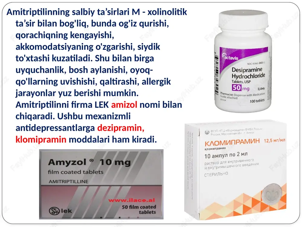 mda serotoninoretseptorlarni bog'lab, chetda joylashgan qon tomirlarini kengaytiradi, issiqlik ajralishini oshiradi, to'qimalarda oksidlanish fermentlari faolligini, issiqlik hosil bo'lishini kamaytiradi, haroratni pasaytiruvchi xususiyatga ega. neyroleptiklar asabni tinchlantiruvchi moddalarni, narkotik analgetiklar, umumiy hamda mahalliy anestetiklar, etanolning ta’sirini oshiradi, ya’oi potensirlovchi ta’sirga ega. sedativ ta’sir bo'yicha neyroleptiklar narkoz yuzaga keltiruvchi hamda uxlatuvchi moddalardan farq qiladi. kimyoviy tuzilishiga ko'ra neyroleptiklar 4 guruhga fenotiazin, butirofenon, tioksanten, dibenzodiazepin unumlariga bo'linadi: 1. fenotiazin unumlari: aminazin, meterazin, triftazin, ftorfenazin 2. butirofenon unumlari: galoperidol, droperidol, trifluperidol 3. tioksanten unumlari: xlorprotiksen 4. dibenzodiazepin unumlari: klozapin aminazin markaziy nerv sistemasiga, vegetiv innervatsiyaga, ijrochi a’zolarga hamda moddalar almashinuviga ta’sir ko'rsatadi. aminazin psixozga qarshi hamda sedativ ta’sirga ega, yuqori miqdori bir qadar uyqu keltiradi, mushaklarni bo'shashtiradi. aminazinning potensirlash xususiyati bor, bu modda og'riq qoldiradi, narkoz holatini paydo qiladigan, uxlatuvchi moddalar ta’sirini va ta’sir muddatini oshiradi. aminazin qusishga, hiqichoqqa qarshi ta’sir ko'rsatadi. aminazin periferik efferent hamda afferent innervatsiyaga ta’sir etadi. aminazinning a - adrenolitik, …