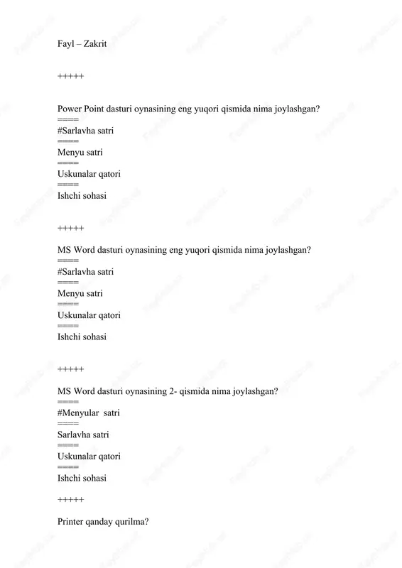 matn muharriri ==== grafik muharriri ==== taqdimot muharriri +++++ microsoft excel dasturida yaratilgan hujjat … ? ==== #microsoft excel kitobi ==== microsoft excel jadvali ==== microsoft excel matnli hujjati ==== microsoft excel tasviri +++++ microsoft excel dasturi jadvalida formula tuzish jarayoni qaysi ishoradan boshlanadi? ==== # = ==== - ==== * ==== / +++++ noto’g’ri yozilgan formulani ko’rsating ==== #a2+b4 ==== =f2+f3 ==== =b7+2 ==== =b8-a2 +++++ microsoft excelda yacheyka manzili to’gri ko’rsatilgan javobni ko’rsating? ==== #b7 ==== f2c ==== aa16b ==== 12a +++++ ms excelning glavnaya menyusi qanday vazifalani bajarishga mo‘ljallangan? ==== #jadvallardagi ma'lumotlarni kiritishga va tahrirlashga mo‘ljallangan ==== jadval varaqlarini bosmaga chiqarish uchun sahifalaming chegaralari va boshqa parametrlarini belgilash uchun mo'ljallangan; ==== jadvallardagi hisoblashlarni amalga oshiruvchi har xil formulalardan foydalanish uchun mo‘ljallangan; ==== jadvalga biror rasm, diagramma kabi obyektlarni joylashtirishga mo‘ljallangan; +++++ ms excel tasmasining vstavka menyusi qanday vazifalani bajarishga mo‘ljallangan? ==== #jadvalga biror rasm, diagramma kabi obyektlarni …