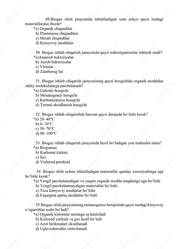 iya 71. michalis-menten tenglamasi nimani ifodalaydi? *a) ferment va substrat konsentratsiyasi orasidagi bog‘liqlikni b) ferment faolligining optimal haroratga bog‘liqligini c) fermentlar faolligini o‘lchash usulini d) inhibitorlarning ferment faoliyatiga ta’sirini 72.enzimlarning haroratga chidamliligini o‘rganish qanday maqsadda muhim? *a) ularning texnologik jarayonlarda ishlatilishini optimallashtirish uchun b) ferment sintezini to‘xtatish uchun c) substrat reaksiyasini kuchaytirish uchun d) energiya tejash uchun 73. allosterik fermentlar qanday xususiyatga ega? *a) aktiv sayt va allosterik saytga ega bo‘lishadi b) bir xil substrat bilan bir necha marta reaksiyaga kirishadi c) faqat bitta substratni tanlashadi d) reaksiyaga faqat past haroratda kirishadi 74. fermentlarning faolligini o‘zgartiruvchi muhit omillari orasida qaysi biri muhimroq? *a) ph darajasi va ion kuchi b) substratning molekulyar vazni c) faol qismning o‘lchami d) suvning zichligi 75. fermentlar qaysi sanoat sohasida eng ko‘p qo‘llaniladi? *a) barchasi b) to‘qimachilik c) oziq-ovqat d) farmatsevtika 76.biotexnologiya qanday sohani o‘rganadi? *a) biologik tizimlar va jarayonlarning texnologik qo‘llanilishi b) o‘simliklarni sug‘orish tizimi …