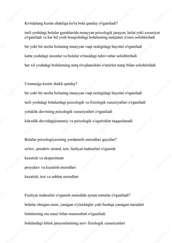 bo'ladi diqqat ixtiyoriy va barqaror parishonxotir va xavotirli diqqat konsentratsiyalashgan bo'ladi qaysi rus fiziologining fikricha ilk bolalik davrida bola o'z sezgilarini tevarak atrofdagi narsalardan ajratib, o'z-o'zini anglay boshlaydi? i.m.sechinov erik from viktor frankl karl yung bola qachondan boshlab "men" degan olmoshni tez tez takrorlab shaxs sifatida o'zini anglay boshlaydi? ilk bolalik bog'cha yoshi davri kichik maktab yoshi davri o'smirlik davri ilk bolalik davrida bola rivojlanishi asosini qaysi xususiyatlar va faoliyatlarni egallash belgilaydi? to'g'ri yurish, muloqotga kirishish va predmetli faoliyat yozish, o'qish va nutq kasb egallash, mehnat qilish va o'qish o'yin, kasb egallash va nutq o'stirish necha yoshdan bolalar biror predmet qismlarini diqqat bilan o'rgangandan so'nggina, o'z amaliy faoliyatida ishlata oladi? 2-3 yosh 7-8 yosh 0-1 yosh 10-11 yosh bola necha yoshga yetganda savollar bera boshlaydi? 2.5 yoshda 6 yoshda 1 yoshda 5 yoshda 1.5 yoshda bolaning so'z boyligi nechtaga yetadi? 100 taga 1000 taga 50 taga 2000 taga uch yosh …