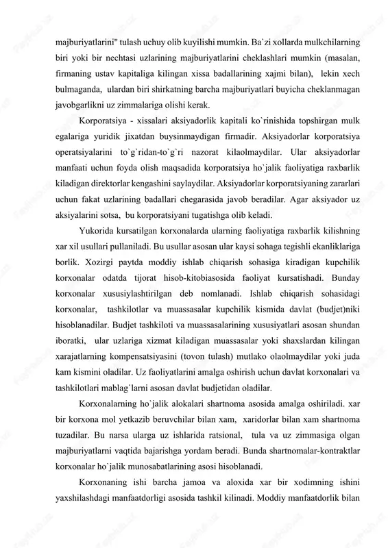 ani tugatishga olib keladi. yukorida kursatilgan korxonalarda ularning faoliyatiga raxbarlik kilishning xar xil usullari pullaniladi. bu usullar asosan ular kaysi sohaga tegishli ekanliklariga borlik. xozirgi paytda moddiy ishlab chiqarish sohasiga kiradigan kupchilik korxonalar odatda tijorat hisob-kitobiasosida faoliyat kursatishadi. bunday korxonalar xususiylashtirilgan deb nomlanadi. ishlab chiqarish sohasidagi korxonalar, tashkilotlar va muassasalar kupchilik kismida davlat (budjet)niki hisoblanadilar. budjet tashkiloti va muassasalarining xususiyatlari asosan shundan iboratki, ular uzlariga xizmat kiladigan muassasalar yoki shaxslardan kilingan xarajatlarning kompensatsiyasini (tovon tulash) mutlako olaolmaydilar yoki juda kam kismini oladilar. uz faoliyatlarini amalga oshirish uchun davlat korxonalari va tashkilotlari mablag`larni asosan davlat budjetidan oladilar. korxonalarning ho`jalik alokalari shartnoma asosida amalga oshiriladi. xar bir korxona mol yetkazib beruvchilar bilan xam, xaridorlar bilan xam shartnoma tuzadilar. bu narsa ularga uz ishlarida ratsional, tula va uz zimmasiga olgan majburiyatlarni vaqtida bajarishga yordam beradi. bunda shartnomalar-kontraktlar korxonalar ho`jalik munosabatlarining asosi hisoblanadi. korxonaning ishi barcha jamoa va aloxida xar bir xodimning ishini yaxshilashdagi …