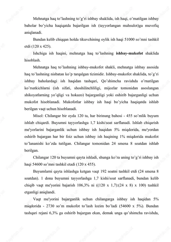 moddasiga muvofiq fuqarolarning shaxsiy jamg’arib boriladigan pensiya hisobvaraqlariga majburiy har oylik badallar xodimlarning hisoblangan ish haqi (daromadi)dan 1 foiz miqdorida, ushbu summaning qonun hujjatlariga muvofiq hisoblab chiqarilgan jismoniy shaxslarning daromadiga solinadigan soliqning tegishlicha kamaytirilgan summasi hisobiga amalga oshiriladi. ushbu operatsiyalar bugalteriy hisobida quyidagicha aks ettiriladi: t/r xo’jalik operatsiyalarining mazmuni summa schetlar korrespondentsiyasi yozuvlarni tasdiqlovchi hujjatlar debet kpedit 1 ish haqi va mukofot hisoblandi (54600+2730+3412,5). 60769,8 2010, 2310, 2510 6710 hisob-kitob yoki hisob-kitob-to’lov qaydnomasi 2 yagona ijtimoiy to’lov hisoblandi 60769,8 x 24% 14584,75 2010, 2310, 2510 6520 hisob-kitob yoki hisob-kitob-to’lov qaydnomasi 3 sug’urta badallari hisoblandi 60742,5 x 2,5% 1519,25 6710 6520 hisob-kitob yoki hisob-kitob-to’lov qaydnomasi 4 yagona ijtimoiy to’lov va xodimning sug’urta badallari o’tkazildi 14584,75 1519,25 6520 5110 to’lov topshiriqnomasi xodimga ish haqini, mehnatga haq to’lashning ishbay-progressiv shaklida hisoblash. ishchilar mehnatiga haq to’lashning ishbay-progressiv shaklida, o’rnatilgan boshlang’ich me'yor (negiz)lar chegarasida to’g’ri ishbay narxlarida, bu me'yordan ortiqchasi - oshirilgan narxlarda amalga oshiriladi. …