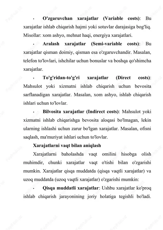 tasniflanadi. · xarajatlarni umumiy hisoblash: tashkilotning umumiy xarajatlari buxgalteriya hisoboti asosida baholanadi. afzalliklari: · tashkilotning moliyaviy holatini va xarajatlarni umumiy ko‘rinishda tahlil qilish imkoniyatini beradi. · keng tarqalgan va o‘rganilgan usul bo‘lib, buxgalteriya hisobi va moliyaviy hisobotlarni taqqoslash imkonini beradi. kamchiliklari: · xarajatlarni aniqroq va chuqurroq tahlil qilish uchun ko‘proq ma'lumot kerak bo‘lishi mumkin. · buxgalteriya tizimlari ba'zan umumiy xarajatlarni taqsimlashda noaniqliklar yuzaga keltirishi mumkin. grafik usul yoki yoyilish diagramasi (graphical methods) grafik usul — xarajatlarni vizual tarzda tahlil qilish va tasvirlash uchun foydalaniladigan usuldir. bu usulda, xarajatlar va ishlab chiqarish hajmi o‘rtasidagi bog‘lanish grafiklar yoki diagrammalar orqali ko‘rsatiladi. tavsifi: grafik usulda xarajatlarning o‘zgarishi grafik yoki diagramma yordamida ko‘rsatiladi. yoyilish diagrammasi (scatter diagram) yoki chiziqli grafik (line graph) kabi turli grafik vositalaridan foydalaniladi. quyidagilar hisobga olinadi: · xarajatlar va ishlab chiqarish hajmi: grafik orqali xarajatlar va ishlab chiqarish hajmi o‘rtasidagi bog‘liqlik tasvirlanadi. · o‘zgaruvchan xarajatlar va doimiy xarajatlar: chiziqli grafikda …