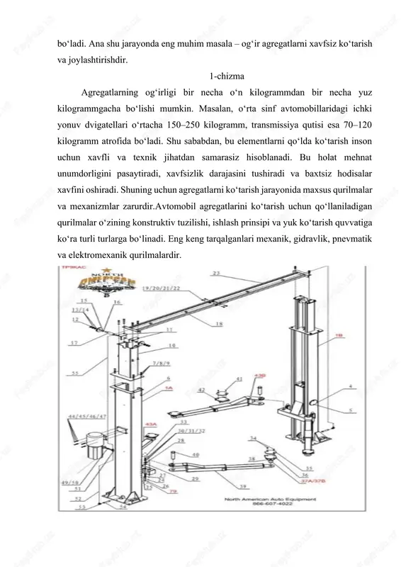 i kamaytiradi, ish unumdorligini oshiradi va charchoqni oldini oladi. shu bilan birga, operatorning ish joyi yoritilgan, shamollatish tizimiga ega va sanitariya talablarga javob beradigan sharoitda bo‘lishi kerak. bularning barchasi servis madaniyatining ajralmas qismi sifatida qaraladi.ko‘tarish qurilmasining iqtisodiy jihatdan samaradorligi uning texnik xizmat ko‘rsatish xarajatlari, energiya sarfi, ishlash muddati va ishonchliligi bilan belgilanadi. texnik xizmat ko‘rsatish qulayligi – bu qurilmaning texnik elementlarini tez va oson almashtirish, moylash, tozalash hamda diagnostika o‘tkazish imkoniyatidir. yaxshi loyihalangan ko‘tarish qurilmasi kam energiya sarf qilib, uzoq muddatli xizmat ko‘rsatadi. qurilmaning ishonchliligi yuqori bo‘lsa, u servis markazining ishlab chiqarish jarayonini to‘xtatmaydi va ta’mirlash xarajatlarini kamaytiradi. buning natijasida, avtoservis korxonasining umumiy iqtisodiy samaradorligi oshadi.ko‘tarish qurilmalari avtomobil ta’mirlash texnologik zanjirining ajralmas bo‘g‘inidir. agregatlarni yechish, ta’mirlash, yuvish, yig‘ish va qayta o‘rnatish bosqichlarida ular zarur texnik yordamni ta’minlaydi. har bir bosqichda yuklarni to‘g‘ri ko‘tarish va joylashtirish agregatlarning deformatsiyalanishining oldini oladi, ish sifatini oshiradi va xavfsizlikni kafolatlaydi. bundan tashqari, ko‘tarish qurilmalari servis …