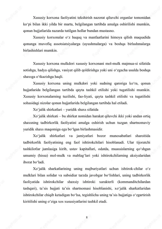 t shirkatda hissa qo‘shuvchilar bo‘lishlari mumkin. davlat hokimiyati va boshqaruvi organlari, agar qonun hujjatlarida boshqacha qoida belgilangan bo‘lmasa, to‘liq shirkatning ishtirokchilari va komman-dit shirkatning to‘liq sheriklari, shuningdek kommandit shirkatda hissa qo‘shuvchilar bo‘lishga haqli emaslar. xo‘jalik sharkatlarining ikki to‘liq va kommandit shirkat kabi turlari mavjud. fkning 60-moddasi va “xo‘jalik sharkatlari to‘g‘risidagi qonun-ning” 8-moddasiga muvofiq ishtirokchilari (to‘liq sheriklari) o‘z o‘rtalarida tuzilgan shartnomaga muvofiq shirkat nomidan tadbir-korlik faoliyati bilan shug‘ullanadigan hamda uning majburiyat-lari bo‘yicha o‘zlariga qarashli butun mol-mulk bilan javob beradigan shirkat to‘liq shirkat deb hisoblanadi. shaxs faqat bitta to‘liq shirkatning ishtirokchisi bo‘lishi mumkin. to‘liq shirkatning firma nomi yo uning barcha ishtirokchilari nomini (nomlanishini), shuningdek “to‘liq shirkat” degan so‘zlarni yoxud bir yoki bir necha ishtirokchining “va kompaniya” degan so‘zlar qo‘shilgan nomini (nomlanishini), shuningdek “to‘liq shirkat” degan so‘zlarni o‘z ichiga olishi kerak. to‘liq shirkatning ustav fondi (ustav kapitali) uning ishti-rokchilari ulushlarining nominal qiymatidan tarkib topadi. va uning miqdori to‘liq shirkatni davlat ro‘yxatidan o‘tkazish uchun …