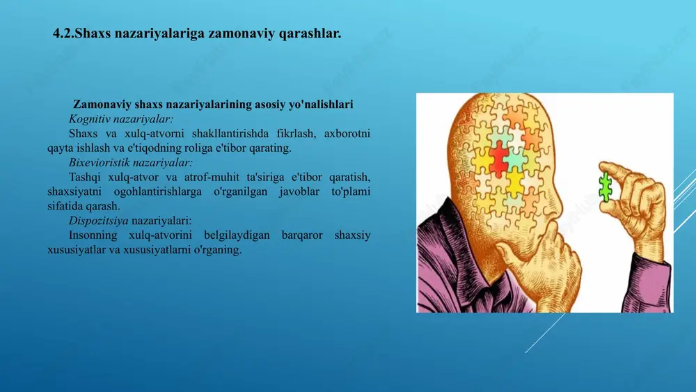 nadi: individ — tug‘ma va orttirilgan xususiyatlarga ega bo‘lgan inson zotining noyob vakili; sub'ekt - ongli, ob'ektiv faoliyatning tashuvchisi va ijtimoiy hayotning faol ishtirokchisi; shaxs - faollik va muloqot orqali rivojlanadigan ijtimoiy ahamiyatga ega fazilatlarning tashuvchisi sifatidagi shaxs; individuallik - bir shaxsni boshqasidan ajratib turadigan aqliy va shaxsiy xususiyatlarning o'ziga xos o'ziga xosligi. insoniyat ijtimoiy mavjudot sifatida insoniyat tabiatan ijtimoiy mavjudot bo‘lib, uning jamiyatga qaramligini, ijtimoiy-tarixiy faoliyatda faol ishtirok etishini anglatadi. insoniyatning ijtimoiy tabiati uning muloqot qilish, o'rganish va madaniy yaratish qobiliyatini belgilaydi. 4.8.inson ijtimoiy mavjudot sifatida. individ, subyekt, shaxs, individuallik tushunchasi. insoniyatni tavsiflovchi tushunchalar individ (lotincha individuum — boʻlinmas) ham biologik (tugʻma), ham ijtimoiy (orttirilgan) xususiyatlarga ega boʻlgan inson zotining alohida vakili. subyekt (lotincha "subiectum" dan) - bu atrofdagi dunyo va boshqa odamlar bilan ongli ravishda munosabatda bo'lgan faol faoliyat (idrok, mehnat) tashuvchisi, shuningdek, boshqa odamlar uchun ob'ekt bo'lgan shaxs. 4.8.inson ijtimoiy mavjudot sifatida. individ, subyekt, shaxs, individuallik tushunchasi. …