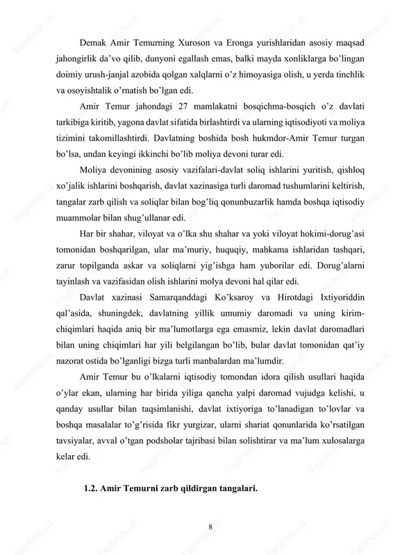 ib, ajoyib tarzda bajaradi”[footnoteref:3]. [3: temur tuzuklari. t., 2013.b. 107.] yana “tuzuklar”da takidlanganki: “qaysi vazir soflik, to‘g‘rilik bilan vazirlik ishiga kirishib, davlatning moliya-mulk ishlarini diyonat, savob bilan, nafsi buzuqlik qilmay, omonatga xiyonat etmay bajarar ekan, unday vazirni eng oliy martabalarga yetkazsinlar. qaysi vazir buzuqlik qilib, yomonlik yo‘li bilan mamlakat ishlarini yurgizar ekan, ko‘p o‘tmay unday saltanatdan xayru barakot ko‘tariladi”. amir temur davlatining mustaqil moliya siyosatini takomillashtirishi uchun o‘z davlati tarkibiga kirgan barcha mamlakatlar moliyasini bir tizimga birlashtirgan va ularni mamuriy boshqarish talablari asosida idora qilish usullarini joriy etgan. agar yevropada birinchi byudjet tizimini angliya va fransiyada xvii asrda paydo bo‘lgan bo‘lsa, amir temur o‘z davlatida undan uch asr burun mamlakatni idora etishda byudjetning dastlabki kurtaklarini ishlab chiqilib, joriy qilingan, edi. o‘zbek davlatchiligining amir temurgacha bo‘lgan tarixida xazinani idora qilishda saljuqiylar sulolasining mashhur vaziri nizomumulkning “siyosatnoma”sida tushuntirib berilgan tartibot saqlanar edi. davlat ixtiyoridagi xazina ikki jamg‘armadan tarkib topgan. birinchisi – asosiy …