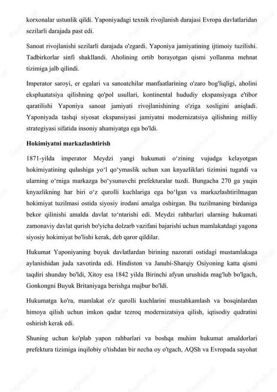 oʻl qoʻymaslik uchun xan knyazliklari tizimini tugatdi va ularning oʻrniga markazga boʻysunuvchi prefekturalar tuzdi. bungacha 270 ga yaqin knyazlikning har biri oʻz qurolli kuchlariga ega boʻlgan va markazlashtirilmagan hokimiyat tuzilmasi ostida siyosiy irodani amalga oshirgan. bu tuzilmaning birdaniga bekor qilinishi amalda davlat to‘ntarishi edi. meydzi rahbarlari ularning hukumati zamonaviy davlat qurish bo'yicha dolzarb vazifani bajarishi uchun mamlakatdagi yagona siyosiy hokimiyat bo'lishi kerak, deb qaror qildilar. hukumat yaponiyaning buyuk davlatlardan birining nazorati ostidagi mustamlakaga aylanishidan juda xavotirda edi. hindiston va janubi-sharqiy osiyoning katta qismi taqdiri shunday bo'ldi, xitoy esa 1842 yilda birinchi afyun urushida mag'lub bo'lgach, gonkongni buyuk britaniyaga berishga majbur bo'ldi. hukumatga ko'ra, mamlakat o'z qurolli kuchlarini mustahkamlash va bosqinlardan himoya qilish uchun imkon qadar tezroq modernizatsiya qilish, iqtisodiy qudratini oshirish kerak edi. shuning uchun ko'plab yapon rahbarlari va boshqa muhim hukumat amaldorlari prefektura tizimiga inqilobiy o'tishdan bir necha oy o'tgach, aqsh va evropada sayohat qilish, kuzatish va o'qish ivakura …