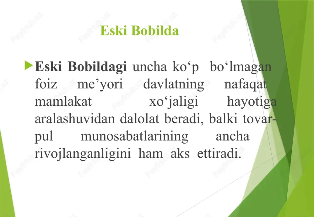 o‘g‘riligi, odil baho tekshirilgan, qallob va tovlamachilar qat’iy jazolangan, eng muhimi bu ish to‘ppa-to‘g‘ri bozorda, xalq oldida amalga oshirilgan. a.temurning davlat va iqtisodiyot sohasidagi asosiy fikrlari «temur tuzuklari»da to‘la bayon etilgan. tuzuklar amir temurning 1342-1405 yillar oralig‘idagi faoliyatini aks ettiradi va ikki qismdan (maqoladan) iborat. birinchi qismda asosan yagona davlat barpo etish, uni mustahkamlash, qo‘shni (27) yurt va mamlakatlarni zabt etish masalalari yoritilgan bo‘lsa, ikkinchi qismda sohibqiron nomidan aytilgan o‘ziga xos vasiyat, pand-nasihat, turli sohalardagi, shu jumladan ijtimoiy-iqtisodiyotga oid fikr-mulohazalar keltirilgan. ibn sino (980-1037)ning fikricha: «hayvon tabiat ne’matlariga qanoat qiladi, odamlarga esa tabiat ne’matlari kamlik qiladi, u ovqat, kiyim-kechak va uy-joyga extiyoj sezadi. hayvon tabiat ne’matlarini o‘zlashtirib oladi, odam esa o‘z mehnati bilan o‘ziga ovqat, kiyim, joy yaratadi. shu maqsadda inson dehqonchilik va hunarmandchilik bilan shug‘ullanishi kerak». farobiy (873-950) forobiy (873-950) o‘rta asr davri tabiiy-ilmiy va ijtimoiy bilimlarning qariyib barcha sohalarini o‘z ichiga oluvchi 160 dan ortiq risola yaratgan «qomusiy …