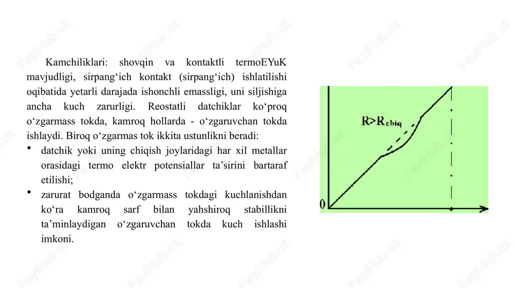 lash natijasida quyidagi kattaliklar olinishi kerak: mp sterjenini ko‘ndalang kesimi. mp sterjenlar orasidagi havo bo‘shlig‘ining yuzasi, s. mp parametrlari: b va h qo‘zg‘aluvchi va o‘lchovchi cho‘lg‘am balandligi. o‘lchovchi cho‘lg‘am o‘ramlar soni wu.o (o‘.r) qo‘zg‘aluvchi cho‘lg‘am o‘ramlar soni wob (q.r) qo‘zg‘aluvchi va o‘lchovchi cho‘lg‘amli emo‘ ni hisoblash tartibi qo‘zg‘aluvchi va o‘lchovchi cho‘lg‘amli emo‘ hisoblash tartibi. mo‘ ni hisoblash algoritmi quyidagicha: berilgan nochiziqlilik darajasi e da p koifitsent aniqlanadi, k koifitsent qiymati aniqlanib, u yordamida mo‘ ko‘ndalang kesimi o‘lchamlari orasidagi munosabat topiladi. shuni hisobga olish kerakki, magnit o‘tkazgichni ko‘ndalang kesimi kerakki, magnit o‘tkazgichni ko‘ndalang kesimikvadrat shakilda bo‘lganda samaraliroq bo‘ladi. bu holatda b=h, bo‘ladi va k koifitsent qiymatini oldindan 2 ga teng deb qabul qilinishi mumkun. bir tomonlama to‘liq o‘tgan 2hl+hmga teng bo‘ladi. raqamli o’lchash asbobi deb, o’lchash borasida uzluksiz o’lchanayotgan kattalikni natijasi raqamli qayd etish qurilmasida yoki raqamlarni yozib boruvchi qurilmada diskret tarzda o’zgartirilib, indikatsiyalanadigan asboblarga aytiladi. raqamli o’lchash asboblari hozirgi kunda …