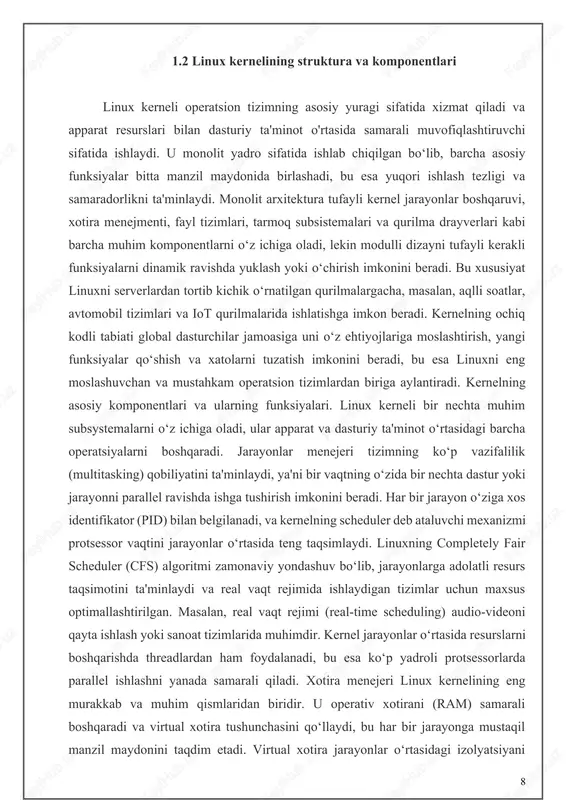 rtasidagi o‘zaro ta'sirini ta'minlaydi. linux bir nechta fayl tizimlarini qo‘llab-quvvatlaydi, jumladan ext4, btrfs, xfs, zfs va fat32 kabi tizimlar, ularning har biri o‘ziga xos afzalliklarga ega. ext4 keng tarqalgan va ishonchli bo‘lsa, btrfs zamonaviy funksiyalarni, masalan, snapshotlar, ma'lumotlar siqish va dinamik bo‘lim o‘lchamini o‘zgartirishni taklif qiladi. zfs klasterlash va ma'lumotlarni deduplikatsiya qilish kabi ilg‘or imkoniyatlarni ta'minlaydi, bu esa katta ma'lumotlar bazasi serverlarida muhimdir. kernelning virtual file system (vfs) qatlami turli fayl tizimlarini bir xil interfeys orqali boshqarishga imkon beradi, bu esa moslashuvchanlikni oshiradi. vfs tufayli linux tarmoq fayl tizimlarini, masalan, nfs va smb-ni ham qo‘llab-quvvatlaydi, bu tarmoq orqali fayllarga kirishni osonlashtiradi. fayl tizimi operatsiyalari, masalan, o‘qish, yozish va metadata boshqaruvi, inode strukturasi orqali amalga oshiriladi, bu faylning joylashuvi, ruxsatlari va egasi haqidagi ma'lumotlarni saqlaydi. tarmoq subsistemasi linuxning internet va server muhitlarida muvaffaqiyat qozonishining asosiy sabablaridan biridir. kernelning tarmoq stacki tcp/ip, udp, ipv6 va boshqa protokollarni qo‘llab-quvvatlaydi, bu esa uni veb-serverlar, …