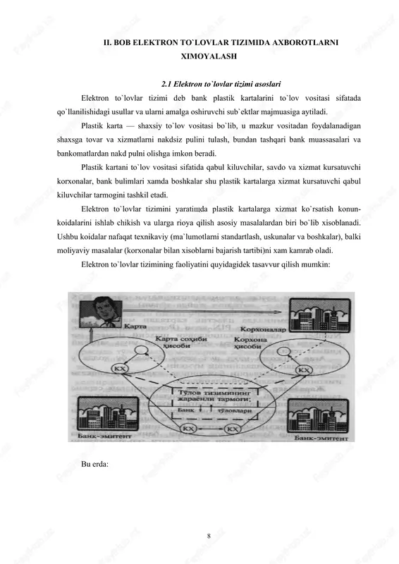 ntidagi xisobiga oldindan ma`lum mikdorda mablag joylashtiradi. ushbu mablagdan xarid uchun ishlatilgan mablaglar summasi oshib ketmasligi lozim. ushbu kartalar faqatgina shaxsiy emas, balki korporativ xam bo`lishi mumkin. xozirgi kunda mikroprosessorli kartalar ishlab chikilmokda. ushbu kartalarning oldingilaridan asosiy farki bu mijozning barcha ma`lumotlari unda aks ettirilgan bo`lib, barcha tranzaksiyalar, ya`ni ma`lumotlar bazasini bir xolatdan ikkinchi xolatga utkazuvchi surovnomalar, off-line rejimda amalga oshiriladi, shu bois, ular yukori darajada ximoyalangan deb e`tirof etilgan. ularning narxi kimmatrok bulsa-da, telekommunikasiya kanallaridan foydalanilmaslik munosabati bilan undan foydalanish qiymati arzondir. elektron to`lov tizimlarining quyidagi zaif qismlari mavjud: • bank va mijoz, banklararo, bank va bankomat orasida to`lov ma`lumotlarini jo`natish; • tashkilot doirasida ma`lumotlarni qayta ishlash. bular o`z navbatida quyidagi muammolarni yo`zaga keltiradi: • abonentlarning xakikiyligini aniqlash; • aloka kanallari orqali jo`natilayotgan elektron xujjatlarni ximoyalash; • elektron xujjatlarining yuborilganligiga va qabul qilinganligiga ishonch xosil qilish; • xujjatning bajarilishini ta`minlash. elektron to`lovlar tizimida axborotlarni ximoyalash funksiyalarini ta`minlash maksadida quyidagilar …