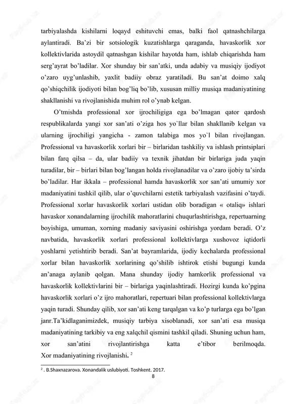 n davrda xor san’atining akapella ijrochilik uslubi yanada ravnaq topdi. professional xor qo’shiqchiligi vaqt o’tishi bilan cherkovdan tashqari podshox, knyaz, pomeshiklar saroylarida ham keng tarqaldi. saroylardagi professional xorlar o’yin – kulgi tomoshalarida hizmat qilish uchun saqlangan. bu esa yuqorida qayd qilingan ba’zi xalqlar xor san’atining rivojlanishiga keyinchalik ijobiy ta’sir ko’rsatadi. keyinchalik bax, gendel, betxoven, glyuk, motsart, verdi, bize, romantik kompozitorlardan shubert, shuman, mendelson, rus kompozitorlaridan glinka, rimskiy – korsakov, musorgskiy, chaykovskiy, borodin, kyui, taneev va boshqalar o’z ijodlari bilan xor san’atini yuqori pog’onalarga ko’tardilar. xor bu vokal musiqani cholg’u asboblar jo’rligida yoki jo’rsiz (akopella) ijro etuvchi xonandalar kollektivi. “xor” atamasi yunoncha “xoros” so’zidan olinib “to’da, yig’in” ma’nosini bildiradi. ko’p vaqt xor opera, oratoriya, kontata ba’zan simfoniyada qo’llanilgan. musiqa amaliyoti davomida xorning har xil turlari va ko’rinishlari paydo bo’lgan. xor turi xorning tuzilishiga qarab aniqlanadi. turiga qarab bir yoki aralash bo’lishi mumkin, bir xildagi xorlarga alohida erkaklar xori, ayollar xor, bolalar …