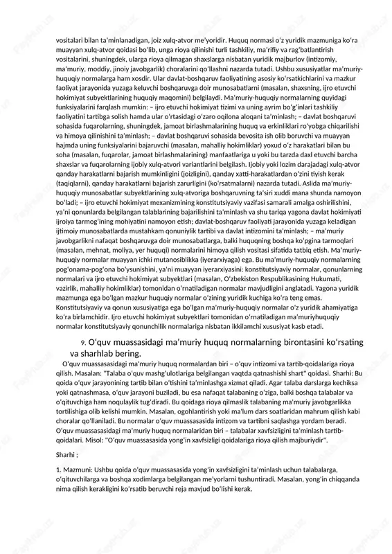 o shartnomalarni ratifikatsiya qilish va boshqalar. o‘zbekiston respublikasi prezidenti: prezident davlatning oliy rahbari bo‘lib, uning vakolatlariga quyidagilar kiradi: o‘zbekiston respublikasining ichki va tashqi siyosatini belgilash, oliy sud va boshqa yuqori sudlarni tayinlash, hukumatni tuzish va boshqarish, harbiy amaliyotlarni boshqarish va boshqalar. markaziy organlar (iqtisodiy va boshqaruv organlari): o‘zbekiston respublikasi hukumatining a'zolari (kabinet): hukumat markaziy davlat organi bo‘lib, quyidagi vakolatlarga ega: iqtisodiy va ijtimoiy siyosatni amalga oshirish, davlat dasturlarini ishlab chiqish va amalga oshirish, davlat byudjetini tasdiqlash va boshqarish, vazirliklar va boshqa markaziy organlarni tashkil etish va boshqarish. vazirliklar, davlat qo‘mitalari va agentliklar: bu organlar o‘zbekiston respublikasi hukumatining tarkibiy bo‘linmalari bo‘lib, ularning vakolatlari maxsus sohalarga (masalan, sog‘liqni saqlash, ta'lim, iqtisodiyot) tegishli qarorlar chiqarish va amalga oshirishga qaratilgan. mahalliy organlar (mahalliy boshqaruv organlari): mahalliy hokimiyatlar (tuman va shahar hokimliklari): mahalliy hokimiyatlar mahalliy muammolarni hal qilish, jamoat ishlarini boshqarish va aholiga xizmat ko‘rsatishni amalga oshiradilar. ularning vakolatlariga quyidagilar kiradi: mahalliy byudjetni tasdiqlash va …