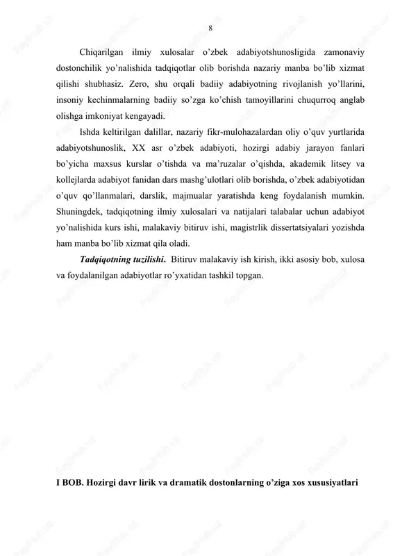 ari mavzu-mundarijasi, kompozitsion tuzilishi, obrazlar tizimi jihatdan boy va rang-barangdir. ularning janriy xususiyatlarini, taraqqiyot tamoyillarini yaxlit tizim sifatida o’rganish bugungi adabiyotshunosligimiz oldida turgan asosiy vazifalardan biridir. ko’rinadiki, mustaqillik davri poemachligi o’zining bir qator rivojlanish xususiyatlariga ega. shulardan biri folklor asarlariga murojaat etish va ularga xos epik motivlar, obrazlardan ijodiy foydalanish asosida poetik manzaralar yaratishdir. shoirlarimiz xalq og’zaki ijodiga mansub doston, rivoyat, ertak, qo’shiq, maqol kabi janrlarni dostonlar badiiy strukturasiga olib kirish asosida voqelikni ta’sirchan ifodalash, milliylik va xalqchillik belgilarini kuchaytirishga erishdilar. natijada davr dostonchiligida folklorizmlarning xilma-xil shakllari yuzaga keldi. binobarin, x.davronning “vatan haqida yetti rivoyat”, u.qo’chqorning “shiroq” dostonlari badiiy strukturasiga xalq rivoyatlari singdirilgan bo’lsa, t.nizomning “girya”, r.fayzning “so’z”, m.toirning “ogoh bo’l, dunyo” dostonlarida xalq lirikasi namunalariga murojaat etildi, o.hojieva, s.sayyid, m.toir, r.fayz singari shoirlar esa dostonlarini xalq dostonlari uslubida yaratdilar. bu holat bir necha ko’rinishlarda namoyon bo’lgan. xx asrning ikkinchi yarmida dramatik doston janri ancha taraqqiy etdi. rang-barang mavzulardagi mazkur …