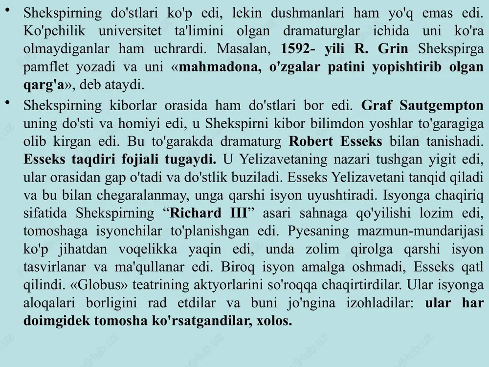 a 1601- yilda shekspirning yana bir buyuk asari «gamlet» dunyoga keladi. bu tragediya asosida xii asr solnomachisi sakson grammatik tomonidan yozib qoldirilgan afsona yotadi. unda shahzoda gamlet otasining o'limi uchun amakisidan qasos oladi. bu niyatini yashirish maqsadida u o'zini aqldan ozgan qilib ko'rsatadi. asar nihoyasida gamlet g'alaba qozonadi va taxtni egallaydi. ushbu qissa fransuz yozuvchisi belforening «g'aroyib voqealar» kitobiga ham kiritilgan. bundan tashqari t.kid tomonidan yozilib, bizgacha yetib kelmagan asarda ham «gamlet» haqida ma'lumotlar bor. adib mavzuni sakson grammatikning xronikasidan olgan bo’lsa ham, lekin u haqiqiy ingliz milliy tragediyasini yaratib, ulug’ gumanistik fikrlarni chuqur falsafiy va badiiy umulashmalarda ifodalab beradi. ijtimoiy turmushni dinamik ravishda tasvirlashga asos solib, tragediya janrini yangi bosqichga ko’targan shekspirning estetik qarashlari ochiq-oydindir. gamlet obrazida yozuvchining inson, uning idroki, yaratuvchilik kuchi haqidagi qarashlari mujassamlangan. gamlet inson aqlining eskilik ustidan tantanasini aks ettirgan uyg’onish davrining haqiqiy timsolidir. gamlet obrazi xususida ba’zi mulohazalar shekspirning gamleti afsona qahramonlaridan ancha farq …
