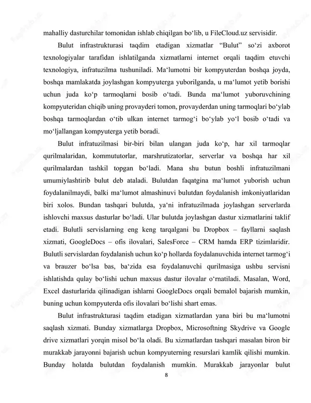 unga o‘xshash tas-ix xududida joylashgan bulutli xizmatlardan yana biri bu filecloud.uz. bu bulutli xizmat turida maʻlumotlarni saqlash hamda office dasturlarida ishlash imkoniyati ham mavjud. shuningdek, ushbu xizmat turlarini maʻlum vaqt davomida bu turdagi xizmatlarni ko‘rsatadigan firmalar ham mavjud; ulardan vds xosting, vps xosting, virtual xosting va bulutli xosting kabi xizmatlarni taqdim etuvchi “ativecloud” tm, hamda, vds xosting, vps xosting, virtual xosting, bulutli xosting va sollotsation xizmatlarini taqdim kiluvchi “sharktelecom” mchj. bulutli xizmatlar va platformalarning bozordagi ulushi muntazam ravishda o‘sib bormoqda, chunki bulut foydalanuvchilar va tashkilotlar uchun bir qator afzalliklarga ega bo‘lib, ular orasida birinchi navbatda quyidagilarni sanash mumkin: maʻlumotlarni qayta ishlashda tizimda mavjud barcha resurslardan eng optimalini tanlaydi; maʻlumotlarni izlash va qayta ishlash tezligi yuqori, chunki hamma narsa bitta platformada joylashgan; bulut tizimlarida protsessorlar soni, operativ xotira hajmi va disk maydoni nazariy jixatdan cheksizdir; foydalanuvchilarga dasturiy taʻminotni o‘rnatish va sozlash kerak emas; bulut xizmatlariga kirish uchun oddiy veb brauzer yetarli; …