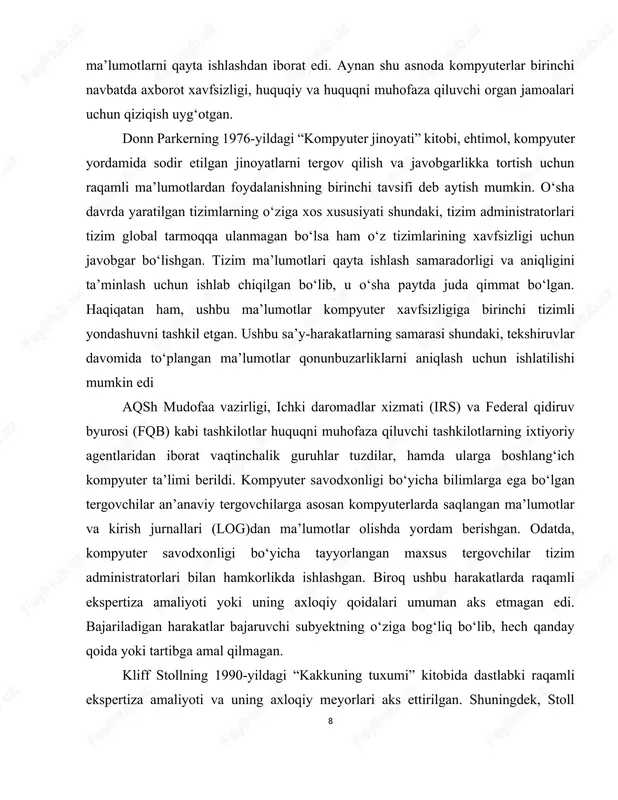 minalistik amaliyotga bag‘ishlangan birinchi tashkilot – “kompyuter tergovi mutaxassislarining xalqaro assotsiatsiyasi” (iacis) ning ustav a’zolari bo‘lishgan. yuqoridagilardan tashqari boshqa ko‘plab shaxslar ham bor edi. ularning o‘ziga xos jihatlari shunda ediki, bu shaxslarning barchasi kompyuterlarning ushbu sohadagi jinoyat ishlarini tergov qilishda hal qiluvchi rol o‘ynashi, xususan, ularning muhim dalillar manbai ekanligini tushunishlari edi. ushbu shaxslarning barchasi bunga ishonishdi, ular o‘zlarining ko‘p vaqtlari va mablag‘larini yangi hisoblash texnologiyalari bilan tanishish uchun sarfladilar. agentliklar ularning sa’y-harakatlarini qo‘llabquvvatlamadilar, ammo shunday bo‘lishiga qaramasdan ularning kiritgan sarmoyalari juda katta ahamiyatga ega bo‘ldi. ularni ilhomlantirgan va o‘z vaqtida amalga oshirgan harakatlarisiz, bugungi kunda raqamli kriminalistika fani bo‘yicha ko‘plab imkoniyatlardan foydalanmagan bo‘lar edik. albatta, dastlabki sa’y-harakatlar faqatgina shimoliy amerika bilan cheklanib qolmagan. yevropa, osiyo va okeaniyada ham huquqni muhofaza qiluvchi organ xodimlari xuddi shunday muamolarga duch kelishgan. ular o‘zlarini va tashkilotlarini kelajakdagi muammolarga tayyorlash uchun bir xil shaxsiy majburiyatlarni qabul qilishdi. 1993-yilda federal qidiruv byurosi (fqb) virjiniya shtatining …