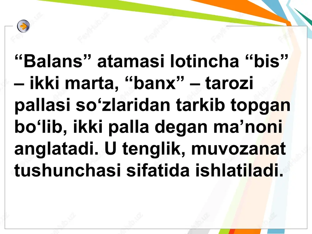 hlarni baholash orqali amalga oshiriladi. iqtisodiy salohiyat asosiy vositalar nomoddiy aktivlar tmz debitorlar pul mablag’lari mehnat resurslari korxona iqtisodiy salohiyatini baholashning ko‘rsatkichlar tizimini quyidagi tarkibda berib o‘tish mumkin: korxona iqtisodiy salohiyati holatini ifodalovchi ko‘rsatkichlar tizimi; korxona iqtisodiy salohiyati bilan ta’minlanganlikni ifodalovchi ko‘rsatkichlar tizimi; korxona iqtisodiy salohiyati samaradorligini ifodalovchi ko‘ratkichlar tizimi; korxona iqtisodiy salohiyati natijaviyligini ifodalovchi ko‘rsatkichlar tizimi. korxona iqtisodiy saloxiyatini baholovchi ko‘rsatkichlar tizimi korxonalar moliyaviy salohiyati: tarkibi, ko‘rsatkichlar tizimi va samaradorligini tahlili korxona moliyaviy salohiyatiga baho berishda balans passivining tuzilishi tahlil qilinadi. ya’ni, korxona mulkida o‘z mablag‘lari va chetdan jalb qilingan mablag‘larining hajmi, ularning jami mablag‘lar tarkibidagi salmog‘iga baho beriladi. sof aktivlar qiymati, o‘z aylanma mablag‘lari naqdligi, uzoq muddatli va joriy aktivlarning moliyalashtirishning tarkibiy unsurlari baholanadi. korxona moliyaviy salohiyatini baholovchi ko‘rsatkichlar tizimi buxgalteriya balansi moddalarining likvidlilik bo‘yicha turkumlanishi balans likvidlik aktivlarning pulga aylanish darajasini, korxona likvidligi qarshi tomonga bo‘lgan majburiyatlarni to‘lashga qobilligini xarakterlaydi. aktiv tomon: - doimiy xarakatdagi aktivlar (a1); …