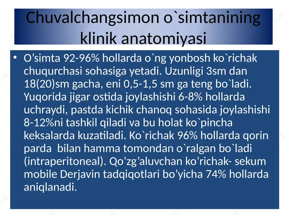 iy tahlili-gipoproteiemiya, foliy kislotasi va vitamin b12 kamayishi umumiy najas tahlili-steatoreya, najasda qon, leykotsitlar va epiteliy hujayralari topiladi zond yordamida contrast modda yuborib ingichlka ichakni tekshirish irrigoskopiya- contrast modda yuborib yo’g’on ichakni tekshirish kolonoskopiya biopsiya davolash dieta 5-aminosalitsil kislotasi hosilalari- sulfasalazin, mesalazin (kuniga 3-4 g dan, 8-12 hafta) glyukokortikoidlar- prednizolon (kuniga 40-60 mg dan, 2-3 hafta) antibiotiklar- siprofloksatsin, metronidazol (10-14 kun) immunodepressantlar- azatioprin, metotreksat profilaktikasi sog’lom turmush tarzi ratsional ovqatlanish zararli odatlardan saqlanish lekin kasallikning yo’naltirilgan birlamchi profilaktikasi mavjud emas! image1.png image2.png image3.png image4.png image5.png image6.png image7.png image8.png image9.png image10.jpg image11.jpg image12.png image13.jpg image14.jpg image15.png image16.png image17.png image18.jpg image19.jpg image20.jpg image21.jpg image22.jpg image23.jpg image24.jpg image25.jpg image26.jpg image27.png image28.jpg image29.png image30.png image31.png image32.png image33.png image34.png image35.png image36.png image37.png image38.jpg image39.png image40.jpg image41.png image42.png image43.png image44.png image45.jpg image46.jpg image47.jpg image48.jpg image49.jpg image50.jpg image58.png image51.png image52.jpg image53.jpg image54.jpg image55.jpg image56.jpg image57.jpg image59.jpg image60.png image61.jpg image62.jpg image63.jpg image64.png image65.png image66.jpg image67.jpg image68.jpg image69.png image70.jpg …