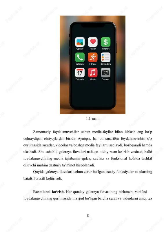 iliklari a+ gallery facebook integratsiyasi, albomlar yaratish ko‘p reklama, ishlashda sekinlik bo‘ladi quickpic tezkorlik, ko‘p rasm formatlarini qo‘llab- quvvatlaydi google play’dan olib tashlangan, xavfsizlik kafolati yo‘q yuqoridagi jadvaldan ko‘rinib turibdiki, mavjud ilovalarda turli darajadagi afzalliklar bilan birga jiddiy kamchiliklar ham mavjud. eng ko‘p uchraydigan muammolar:  reklamalarning haddan tashqari ko‘pligi;  foydalanuvchi ma’lumotlari ustidan nazoratning yo‘qligi;  ba’zi funksiyalar uchun pullik obuna talab qilinishi;  ilovalarning og‘ir ishlashi yoki doimiy yangilanishlar orqali muammolar keltirib chiqarishi. 13 1.2-rasm mobil ilovalardan foydalanuvchilar ilk navbatda qulaylik, xavfsizlik va tezkorlikni kutadilar. aynan galereya ilovalari esa eng ko‘p foydalaniladigan dasturlardan biri bo‘lib, foydalanuvchining shaxsiy hayoti va xotiralari bilan bevosita bog‘liqdir. shu bois, foydalanuvchi ilovaga o‘z rasm va videolarini yuklayotganda, ularning xavfsiz saqlanishiga, oson boshqaruvga ega bo‘lishiga va ortiqcha yuklamalarsiz ishlashiga ishonishi kerak. foydalanuvchi tajribasi (user experience – ux) bugungi it-loyihalarda eng muhim omillardan biri hisoblanadi. ilovaning interfeysi foydalanuvchi uchun qanchalik intuitiv va chiroyli bo‘lsa, foydalanuvchi …