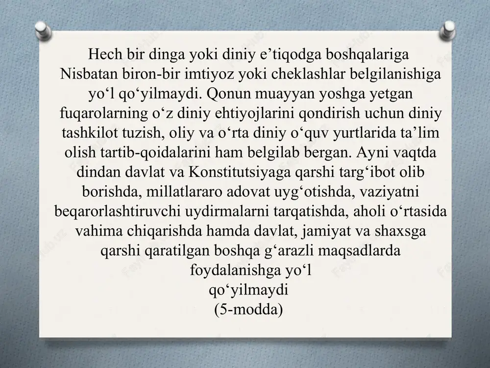 sh” kitobiga asoslangan. iegova shohidlari diniy tashkiloti qat'iy markazlashgan xarakterga ega. yuqori boshqaruv organlarining qarorlari quyidagilar uchun qat'iy hisoblanadi. uning boshlang'ich bo'g'ini - jamoa nozir (oqsoqol) tomonidan boshqariladi. ba'zi jamoalar okruglarga birlashadilar. iegova shohidlarining diniy-ma'muriy markazi - boshqaruv korporatsiyasi hisoblanadi. u 15 kishidan iborat bo'lib, bruklinda (aqsh, nyu-york) joylashgan. boshqaruv korporatsiyasining 90 dan ortiq filiallari dunyoning turli mamlakatlarida targ'ibot ishlarini olib boradi. markaz “qo'riqchi minora” va “uyg'oning” nomli jurnallarni nashr qiladi. arman apostollik cherkovi. 2015 yilning 1 martiga qadar 2 ta diniy tashkilot ro'yxatga olingan. arman apostollik cherkovi eng qadimgi xristian cherkovlaridan biri hisoblanadi. xristianlik armanistonga ii-iii asrlarda kirib kelgan. v asr o'rtalarigacha arman apostollik cherkovi nisbatan yaxlitlikni tashkil etgan. vizantiyadan mustaqillikka intilish va iv jahon soborining (xalkidon) qarorlarini tan olmaslik (451 y.) arman apostol cherkovining sharqiy va g'arbiy cherkovdan ham ajralib chiqishiga olib keldi. "golos bojiy" xristian cherkovi. 1 ta cherkov ro'yxatga olingan. to'liq injil xristianlari cherkovi tarkibidan ajralib …