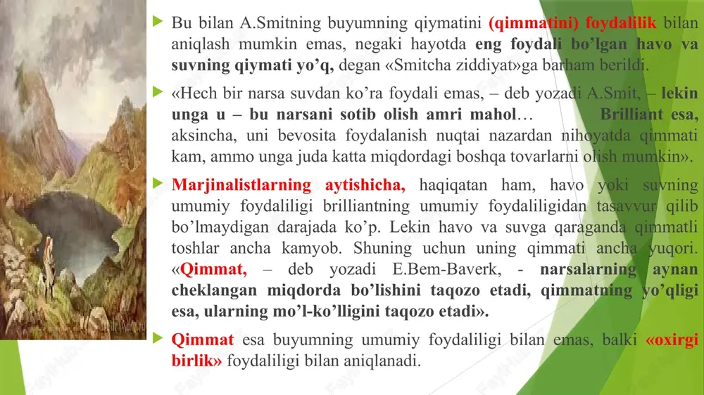 ish bilan birga siyosiy iktisodn xam kizikib urgangan.1863 yilda manchester shaxridagi kollejga siyosiy iktisod ukituvchisi bulib ishga kirdi. oradan kup vakt utmasdan iktisodiy mavzudagi uning asosiy asarlari e`lon kilindi. ular kuyidagilar: «siyosiy iktisod nazariyasi»(1871), «fan tamoyillari» (1874) va boshkalar. xix asrning oxirigacha u.jevons va uning asarlari uzining kuchli matematik ifodasi tufayli ukuvchilar tomonidan tulik e`tibor bilan kabul kilinmadi. lekin uning goyalaridagi sub`ektivizm asosiy ilmiy asarlarida anik uz urnini topgan edi. masalan, iste`mol, talab, foydalilik xakida uz xolicha tushunchalar berish bilan birga u.jevons tovarlar narxi uning me`yoriy foydaliligi bilan funktsional boglikdir, deb kursatadi. shuningdek, olim klassiklarning rakobat xakidagi fikrlarini qo’llab, sotuvchi va oluvchi uzaro mulokatda bulib kerakli ma`lumotni bir-biridan olish mumkin deb kursatadi. natijada u kuyidagi xulosani keltirib chikaradi: bozordagi sotuvchilar (sub`ektlar) insonlar extiyoji uchun zarur bulgan tovarlarni muxayyo kilib, ularning iste`mollarini tularok kondiradilar. shu fikri bilan u.jevons dastlabkilardan bulib, me`yoriy taxlilni maydonga tashlaydi va marjinalizm asoschilaridan biriga aylanadi. (1834-1910) marjinalizmning …