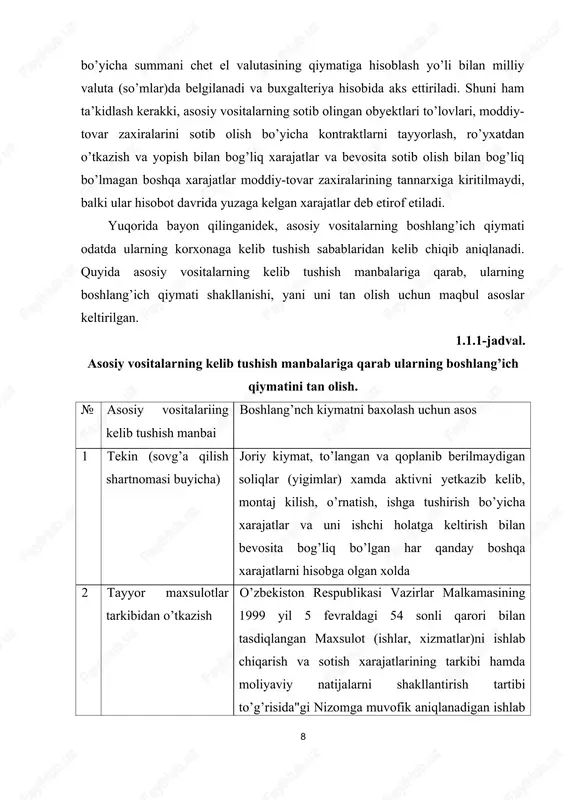 texnik qayta qurollantirilishi davridan tashqari. asosiy vositalar obyektlari bo’yicha amortizatsiya ajratmalarining hisoblanishi, korxonaning hisobot davridagi faoliyati natijalaridan qat’iy nazar, amalga oshiriladi va u mos holatda hisobot davrining buxgalteriya hisobida aks ettiriladi. 21son bhmsga muvofiq, asosiy vositalar obyektlari bo’yicha hisoblangan amortizatsiya summasi buxgalteriya hisobida tegishli summalarni to’plash yo’li bilan asosiy vositalarning eskirishini hisobga oluvchi schyotlarda (0200) aks ettiriladi. xo’jalik yurituvchi subyektlarning buxgalteriya hisobida asosiy vositalar obyektlari bo’yicha amortizatsiya hisoblanishi quyidagi tarzda aks ettiriladi: a) ishlab chiqarish jarayonida foydalanilayotgan asosiy vositalar bo’yicha ishlab chiqarilayotgan mahsulot tannarxining kalkulatsiyasini hisoblash va xarajatlarni mahsulot birligi tannarxiga olib borish usuliga qarab: dt «asosiy ishlab chiqarish» yoki 2510 «umumishlab chiqarish», kt «asosiy vositalarning eskirishi» schyoti. b) yordamchi ishlab chiqarish yoki xizmat ko’rsatuvchi xo’jaliklar uchastkalarida foydalanilayotgan asosiy vositalar bo’yicha: dt 2310 - «yordamchi ishlab chiqarish" schyoti yoki 2710 - «xizmat ko’rsatuvchi xo’jaliklar" schyoti, kt «asosiy vositalarning eskirishi» schyoti. v) mahsulotlar (ishlar, xizmatlar) va tovarlarni sotishda foydalanilayotgan, ma’muriy maqsalda, …