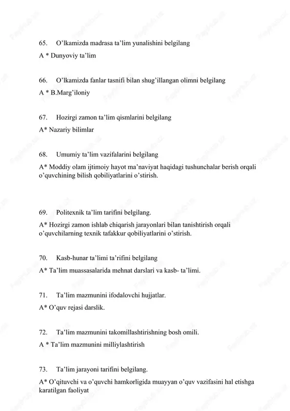 irinchi darajali rol o‘ynaydi? ==== # idrok ==== ++++ xarakter deb: ==== #kishining hulq –atvorida uning boshqalarga munosabatida, hatti –harakatida namoyon bo’ladigan hususiyatlarga aytiladi ==== ++++ professiografiya nima ? ==== #“professio – kasb-hunar, grafiya – yozmoq ==== ++++ kasbiy psixologiya fani nimani o’rganadi ? ==== #shaxsni kasbga yo’nalganligini ` ==== ++++ professiografiyaning muhim bir qismi ==== #psixogramma ==== ++++ psixogramma prinsiplari kim tomonidan shakllantirilgan. ==== #k.platonov ==== ++++ operator psixogrammasini kim yaratdi, va zamonaviy psixologiyada qo’lladi? ==== # v.k.marishuk ==== ++++ temperament hususiyatlari nech turga bo’linadi? ==== #4 turga ==== ++++ kim kasb tanlashga yo‘naltirish uchburchagi» deb nomlangan sxema ishlab chiqqan ==== # k.platonov ==== ++++ kasbning psixologik portreti nima ==== # psixogramma ==== ++++ psixogramma atamasi kim tomonidan kiritilgan ? ==== #v.shtern ==== ++++ “kayfiyat” qanday holat? ==== #emotsiyanal holat ==== ++++ proffesiogramma atamasi qachon fanga kiritilgan ? ==== #20 asr ==== ++++ odamning diqqati bir narsadan boshqa bir …